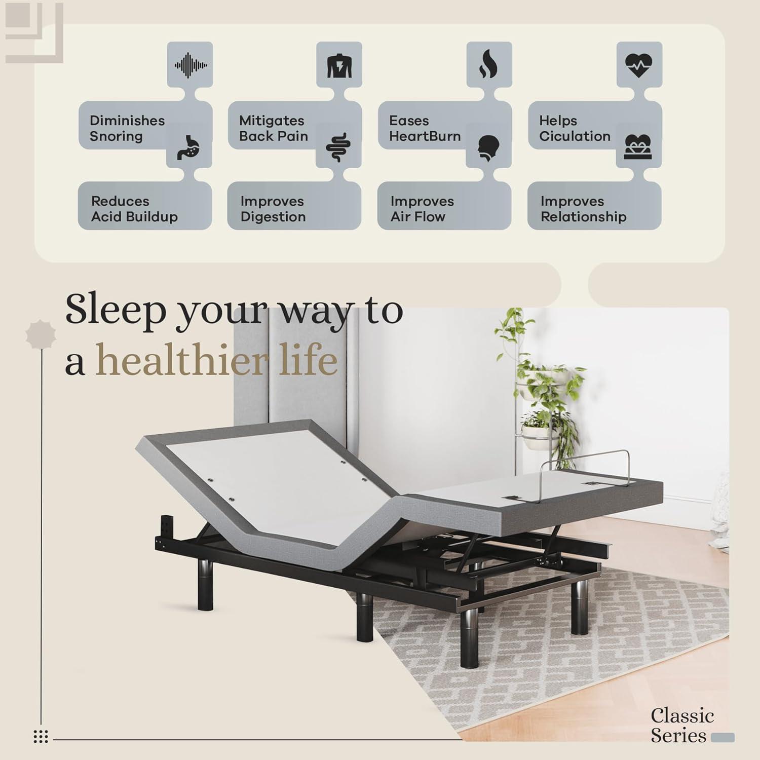 Sven & Son Classic Adjustable Bed Base Frame Only, Head and Foot Lift, Massage, Under-Bed Lights, USB, Memory Positions, Zero Gravity, Wireless Remote - Full