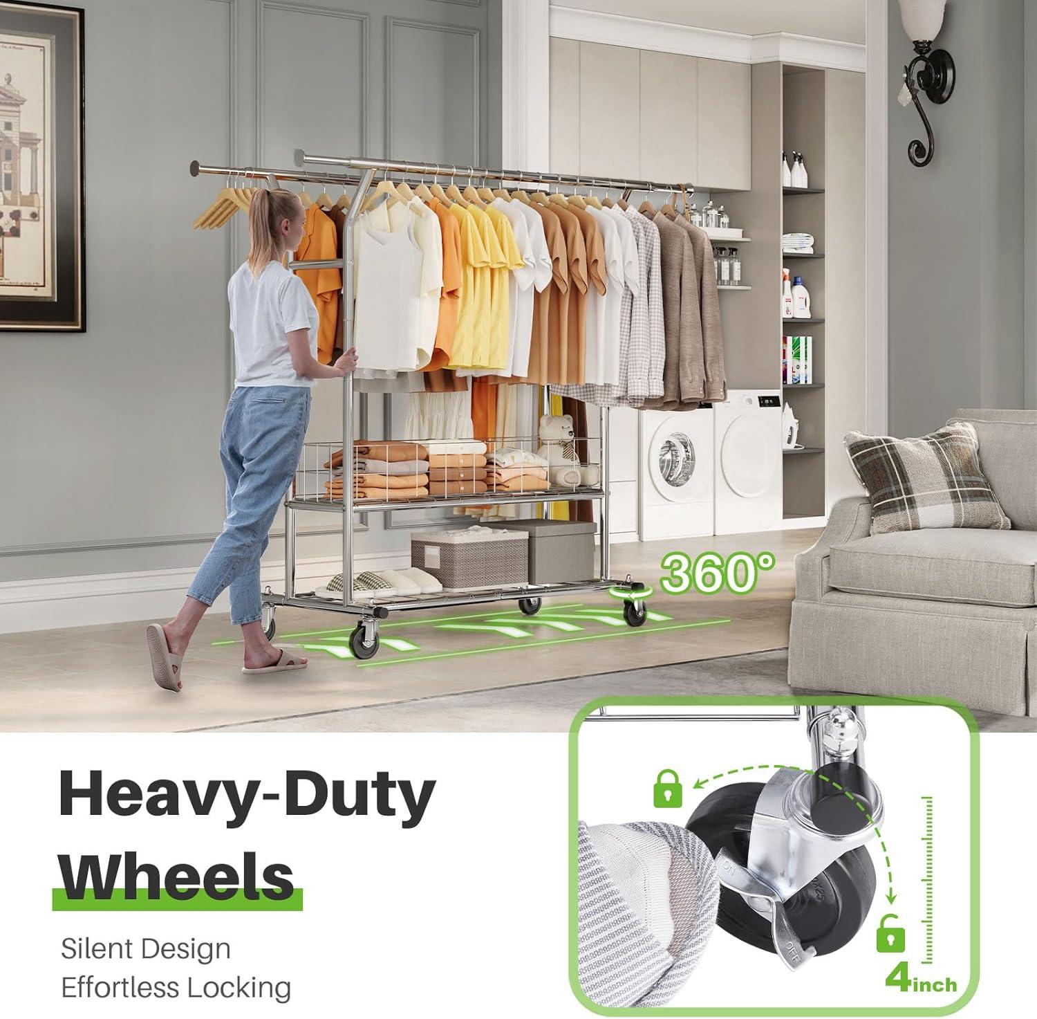 HOKEEPER Heavy Duty Clothing Clothes Rack for Hanging Clothes Adjustable Rolling Garment Rack with Wheels for Bedroom, Living Room (Double Rod with Metal Basket)