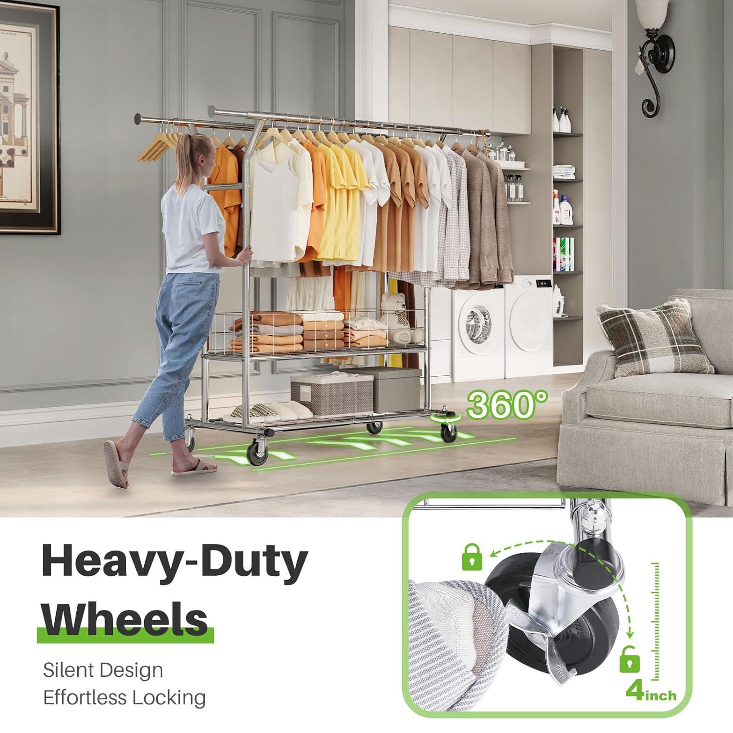 HOKEEPER Heavy Duty Clothing Clothes Rack for Hanging Clothes Adjustable Rolling Garment Rack with Wheels for Bedroom, Living Room (Double Rod with Metal Basket)