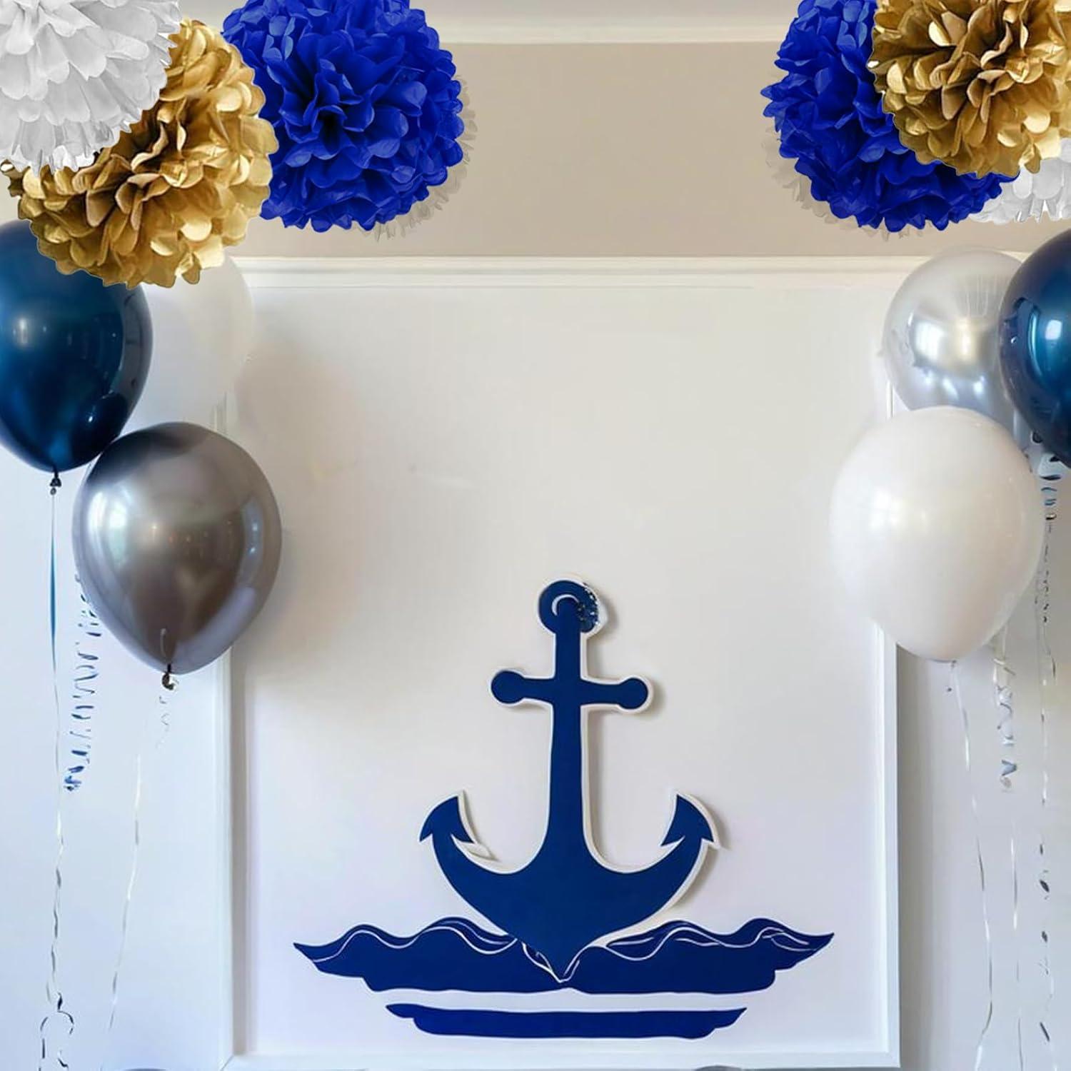 AIM & GGKK Paper Pom Poms Gold Gradient Navy Blue and White Tissue Hanging Paper Pom Poms,Flower Ball Wedding Birthday Party Decoration(12pcs)