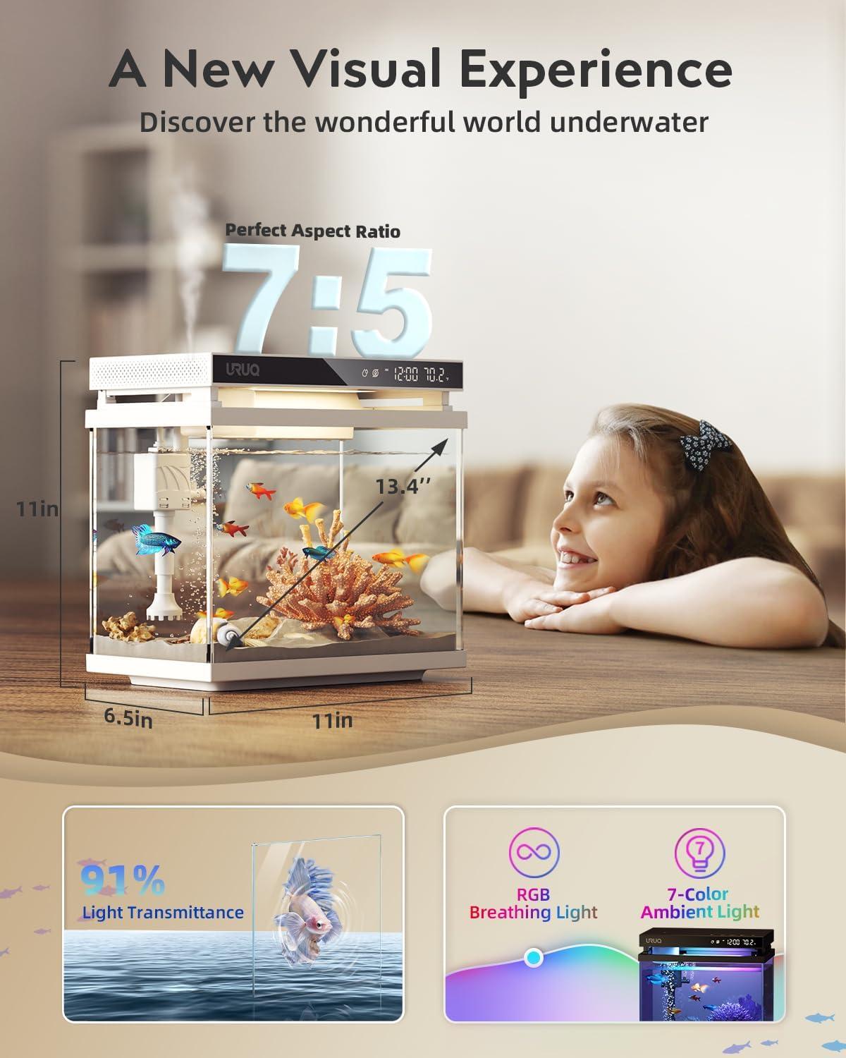 Latitude Run® Fish Tank Smart Aquarium Kit: 2 Gallon UHD Glass Silent Water Pump Self Cleaning Multi Layer Filtration System - Temperature Sensing 7-Color Lighting For Small Fish Betta Kids Room Desktop Decor