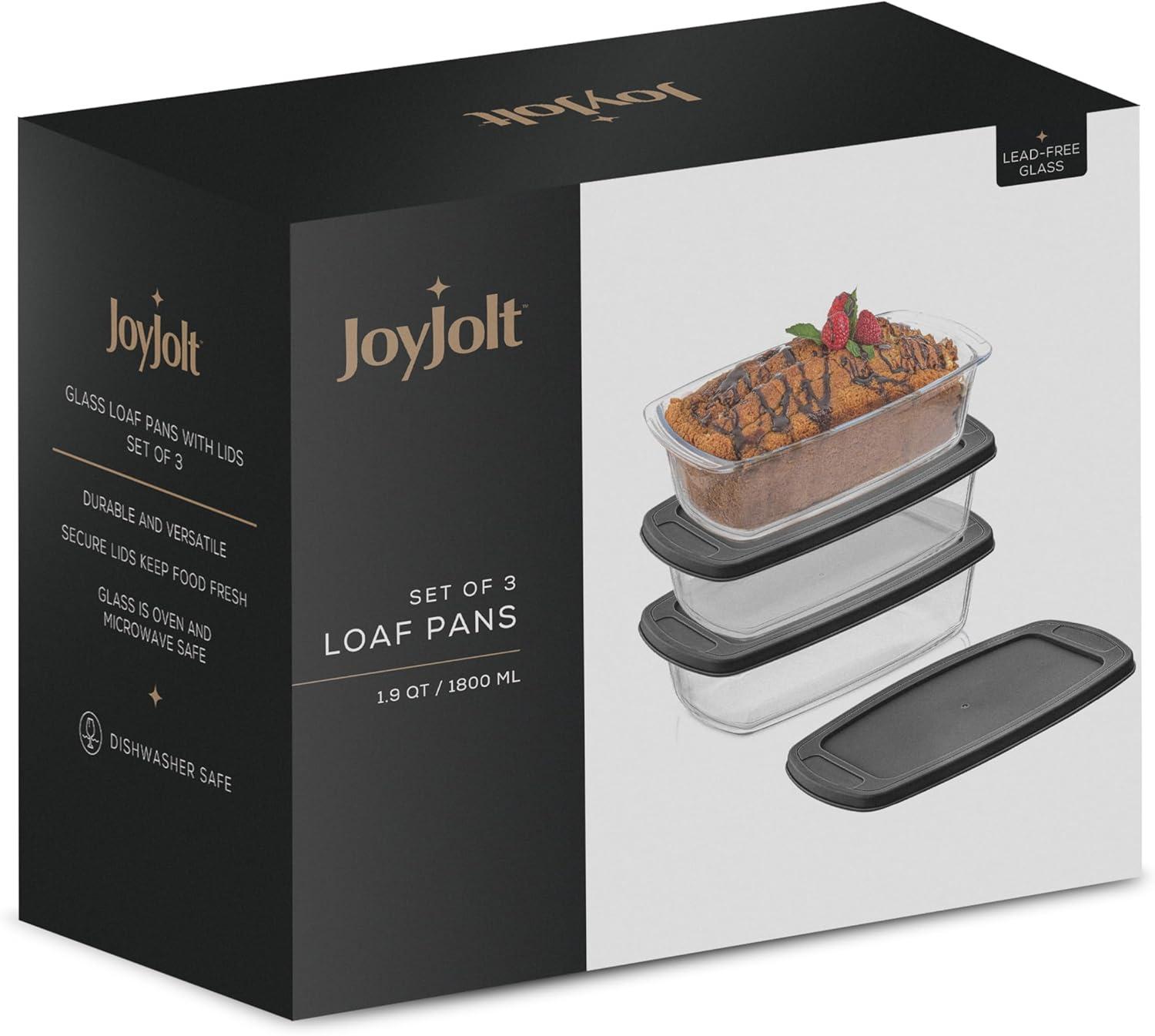 JoyJolt Glass Bakeware Containers for Loaf,  Bread, Cakes Pans Baking Containers with Lids - Set of 3 - Black