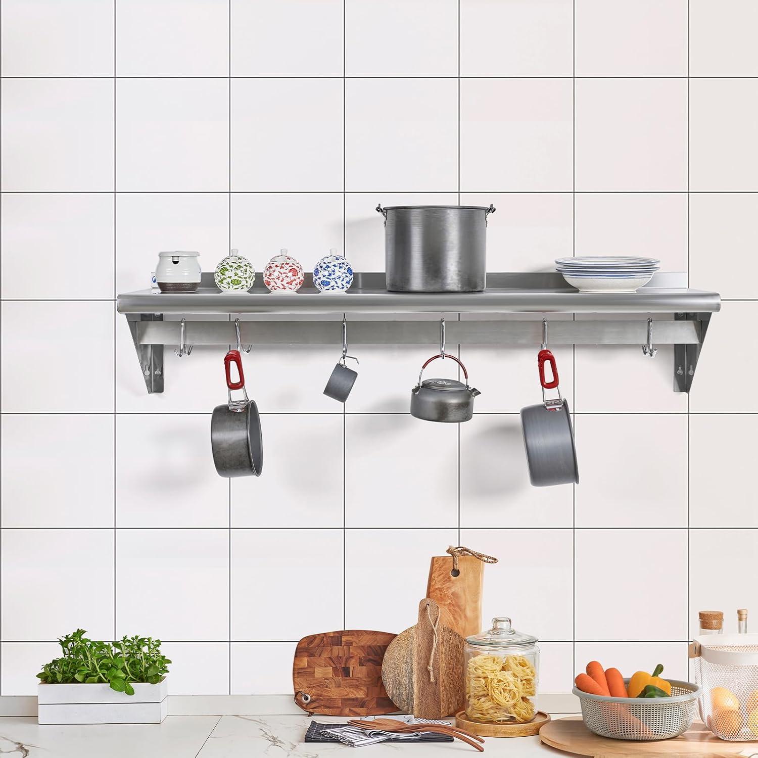 HALLY Stainless Steel Shelf with 6 Hooks 12" x 48" Wall Mounted Pot Rack, NSF Commercial Floating Shelving for Storage Hanging Pots, Pans, cookware in Restaurant, Kitchen, Home and Hotel