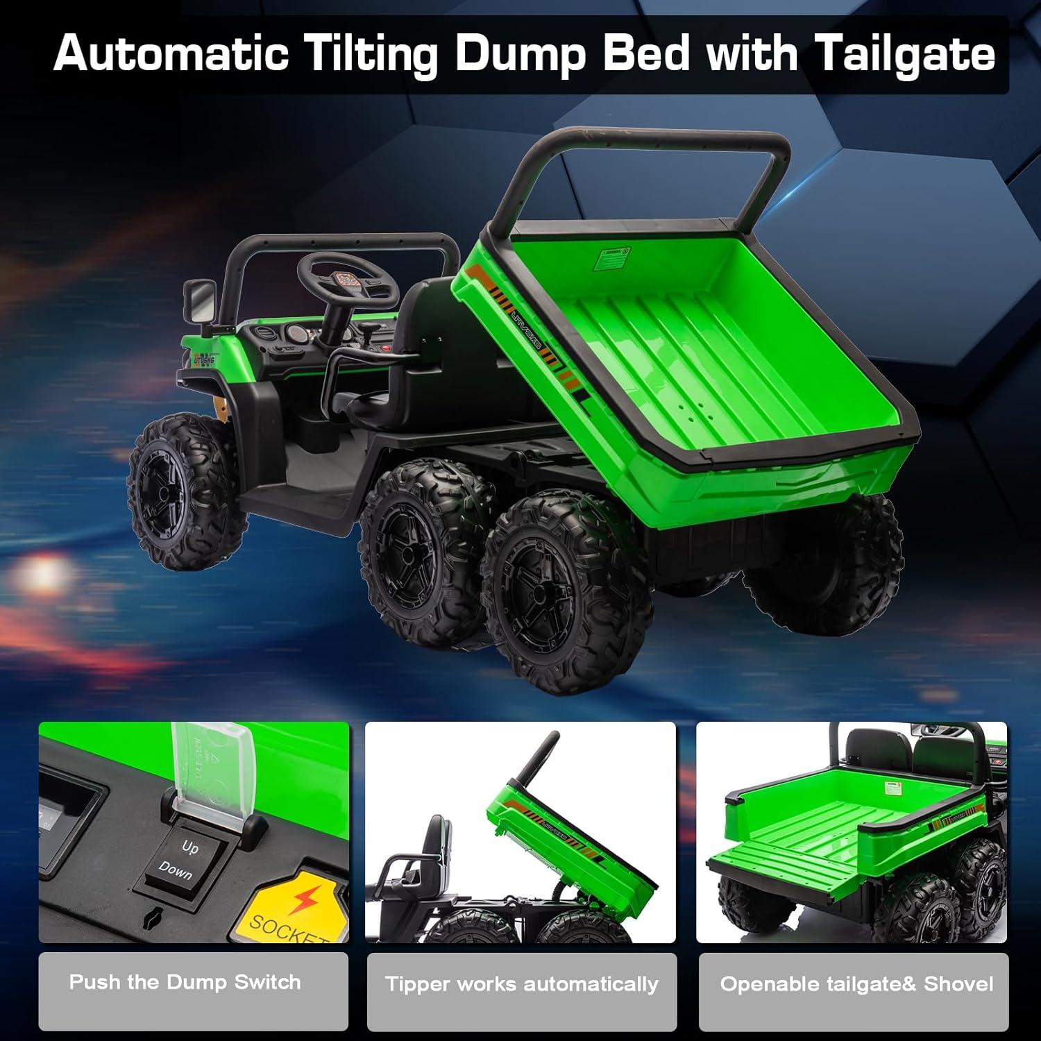 24V Ride on Toys with Remote Control, 2 Seater Electric Powered Ride on Dump Truck , 4WD 6-Wheel UTV Car w/ Tipping Bucket Trailer, Shovel, Suspension, Bluetooth Music, Big Kids, Green