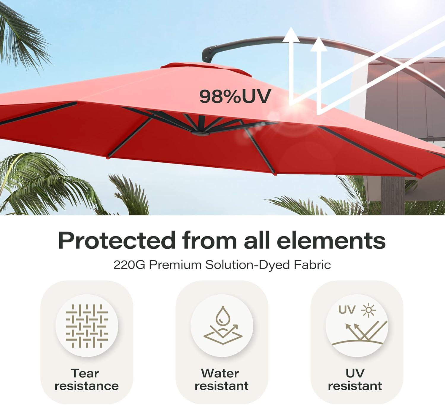 LAUSAINT HOME 11FT Deluxe Patio Umbrella with Base, Outdoor Large Hanging Cantilever Curvy Umbrella with 360° Rotation, Red