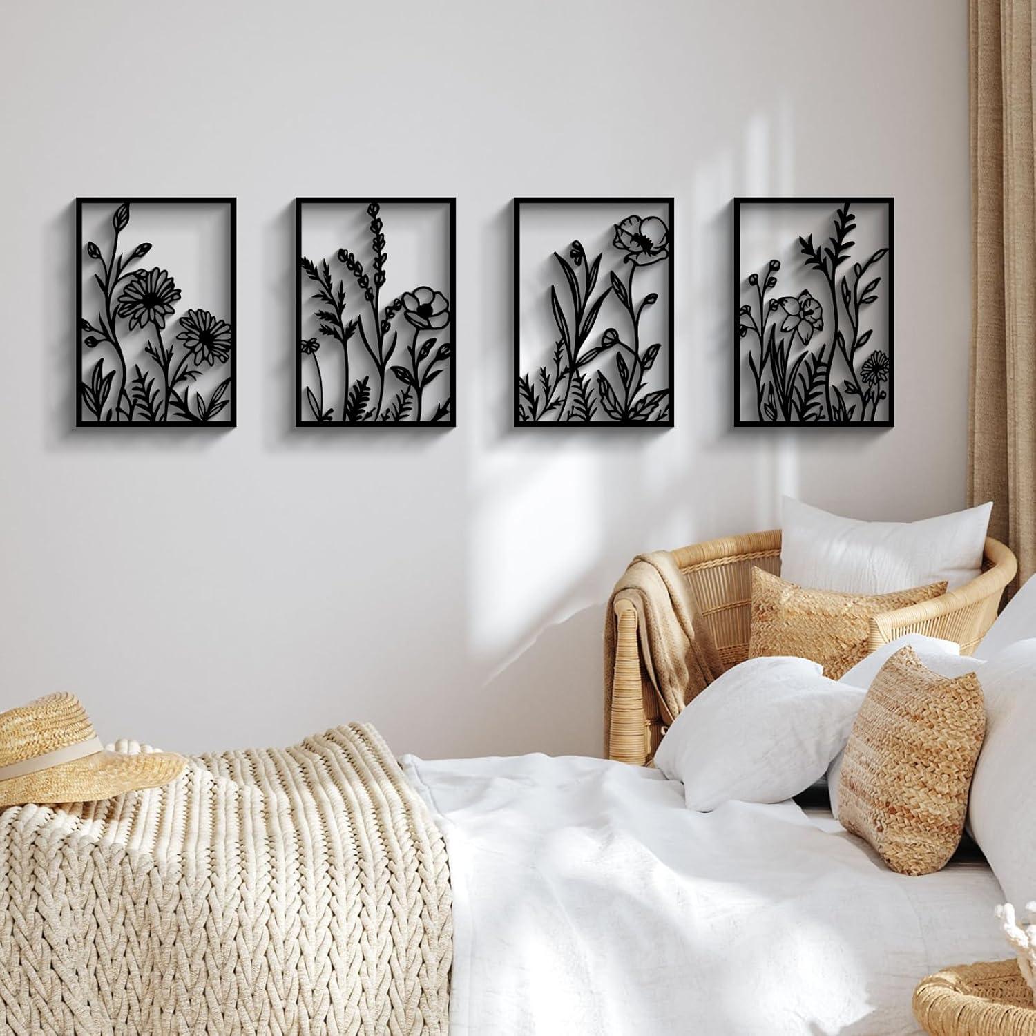 Winston Porter 4 Pcs Black Abstract Flowers Metal Wall Art, 17 X 12'' Minimalist Floral Single Line Wall Décor, 3D Textured Sculptures, Rustic Nature Wall Art Décor For Living Room, Bedroom, Study (Set of 4)