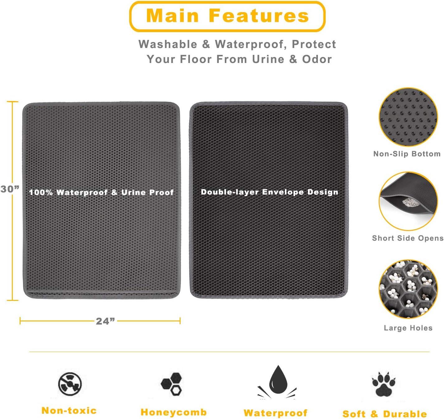 GZYS Cat Litter Mat Grey Trapping for Litter Box, XL Jumbo 30 x 24 in, Urine & Waterproof, Honeycomb Double Layer Anti Tracking Kitty Mats, No Phthalate, Washable Easy Clean, Scatter Control