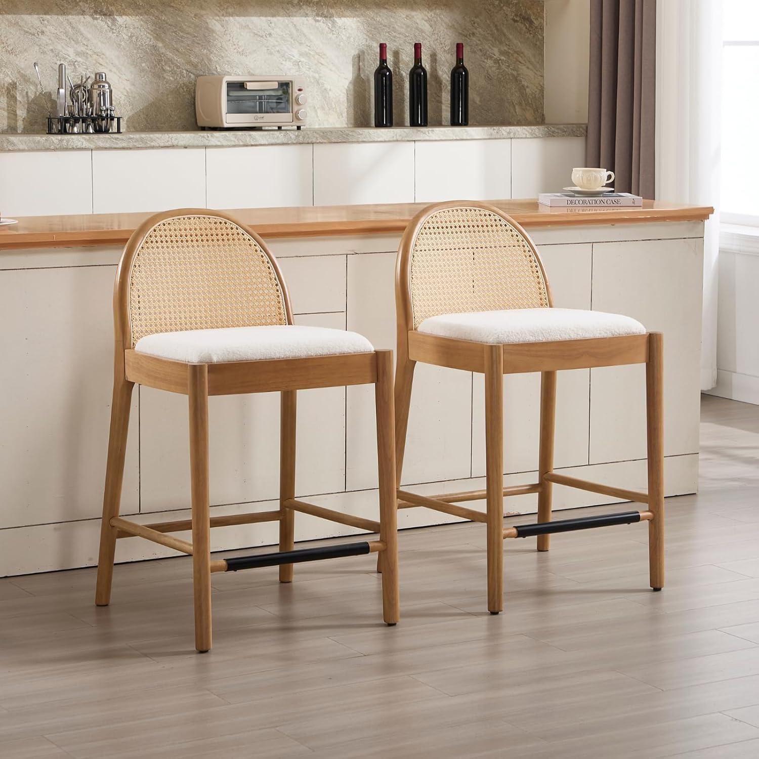 Bayou Breeze Emington Modern Bar Stools Counter Height Bar Stools with Rattan Backrests and Wood Frame (Set of 2)
