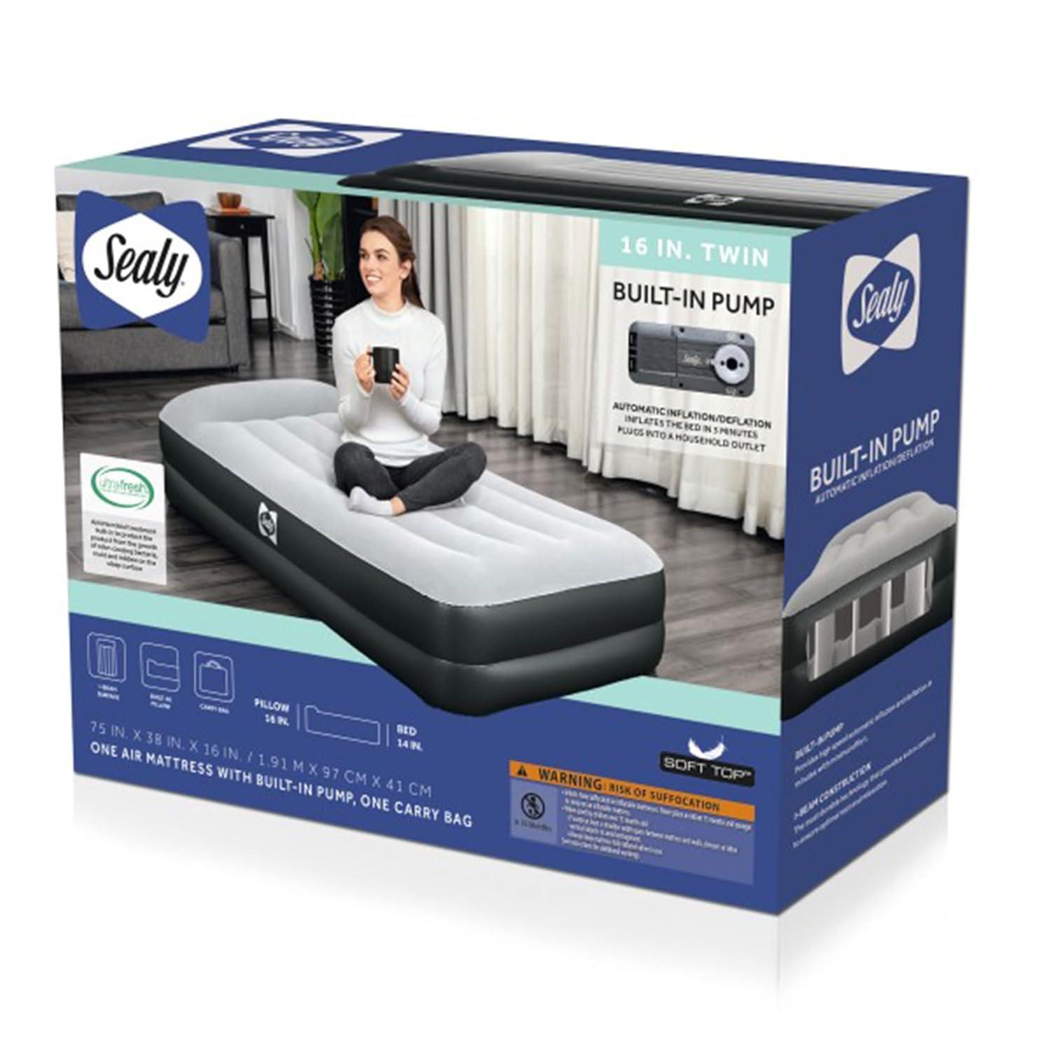 Sealy Tritech 16” Inflatable Air Mattress Bed with Built-in Pump, Storage Bag, and Repair Patch for Indoor and Outdoor Use, Twin