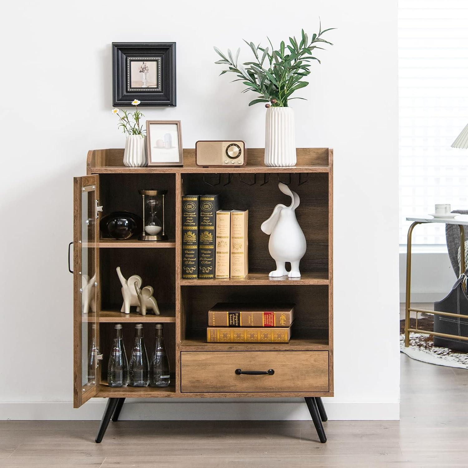 Tangkula Liquor Bar Cabinet Storage Buffet Sideboard Credenza w/ Rack & Glass Holder