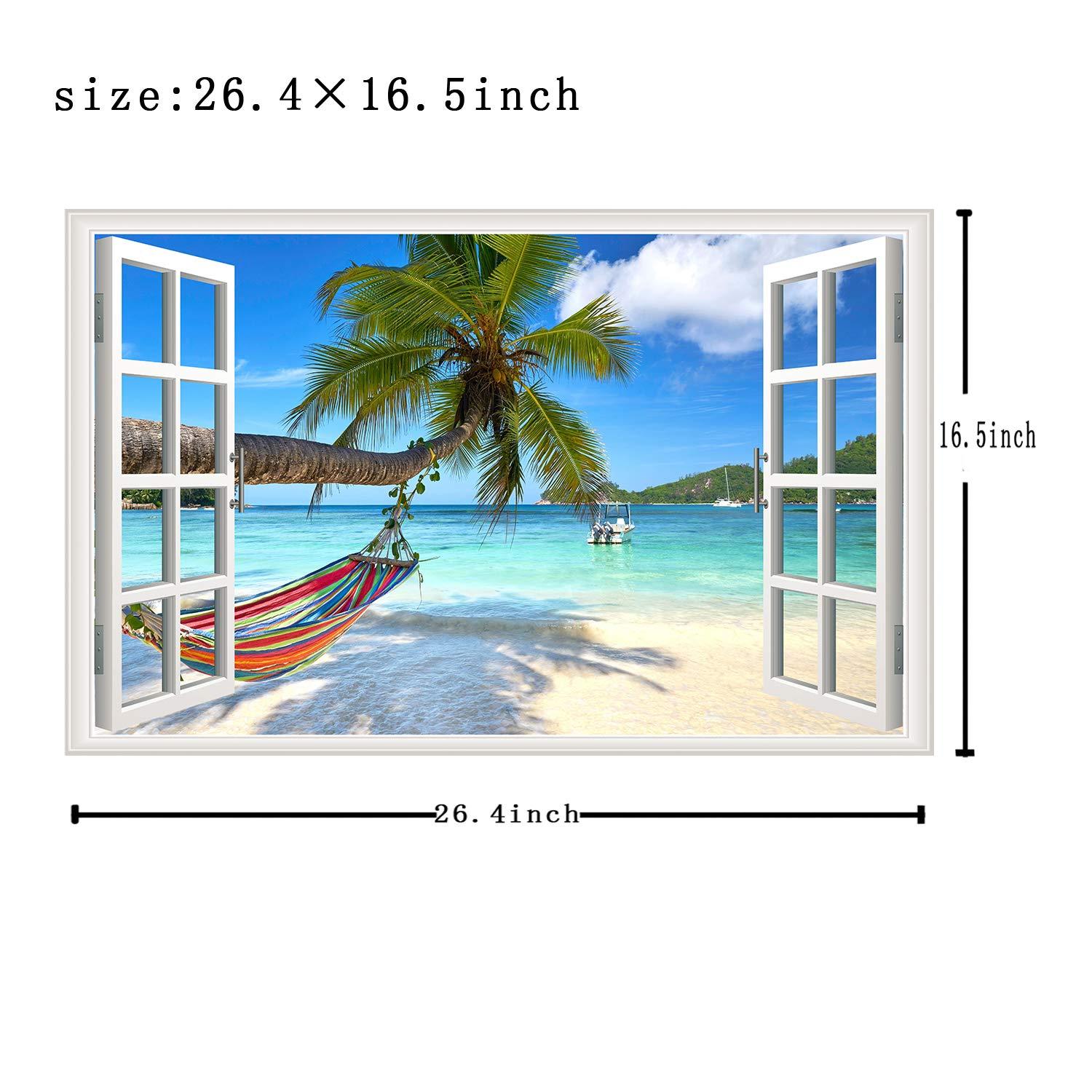 Beach Seascape Window Wall Sticker Palm Tree and Hammock Fake Window Wall Decals Removable Tropical Sea Window View Wall Stickers Decal for Living Room