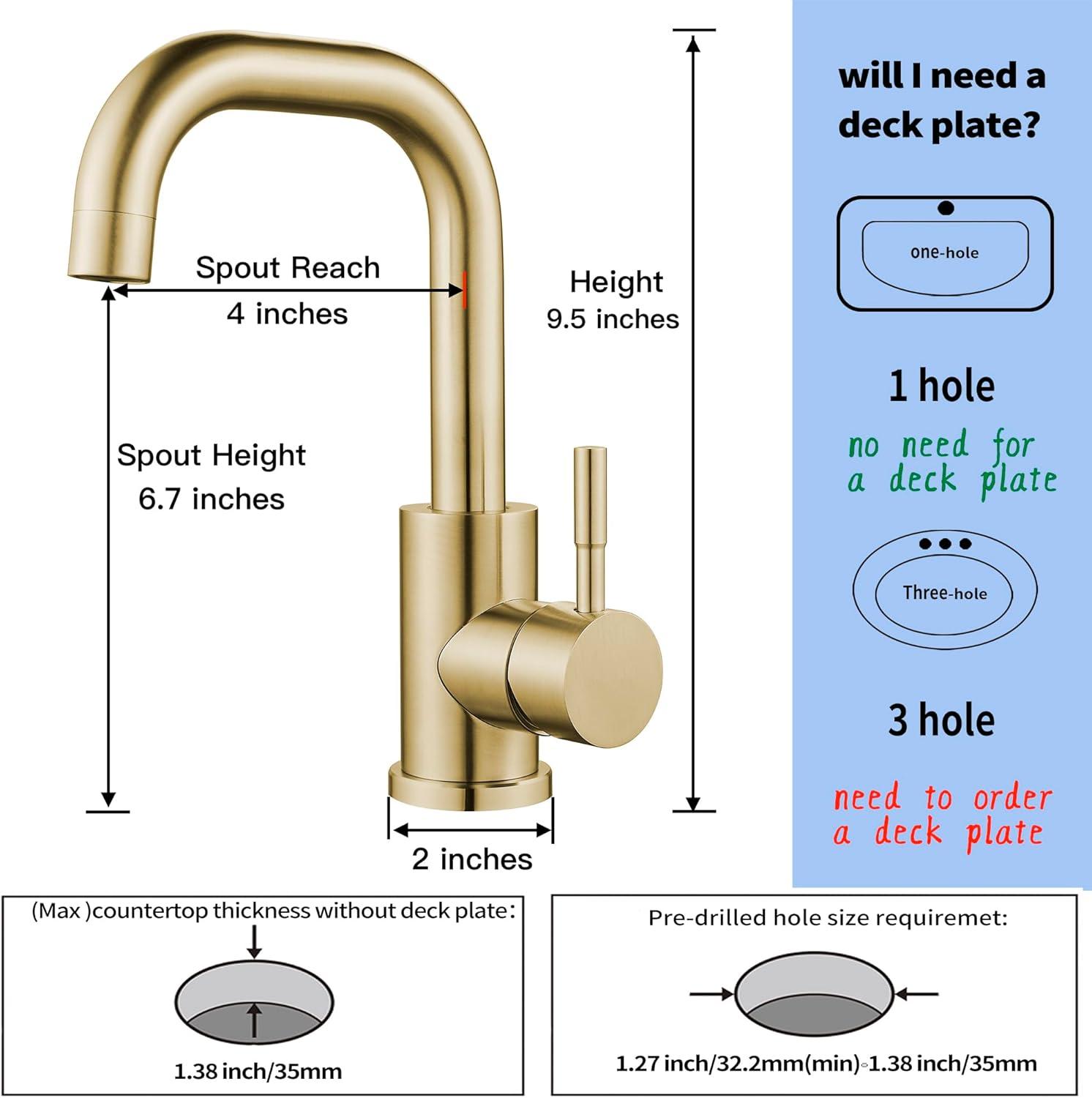 Single Hole Bathroom Sink Faucet Brushed Gold, Modern Single Handle Bathroom Faucet Stainless Steel Swivel Spout Commercial RV Bathroom Faucet Wet Bar Faucet
