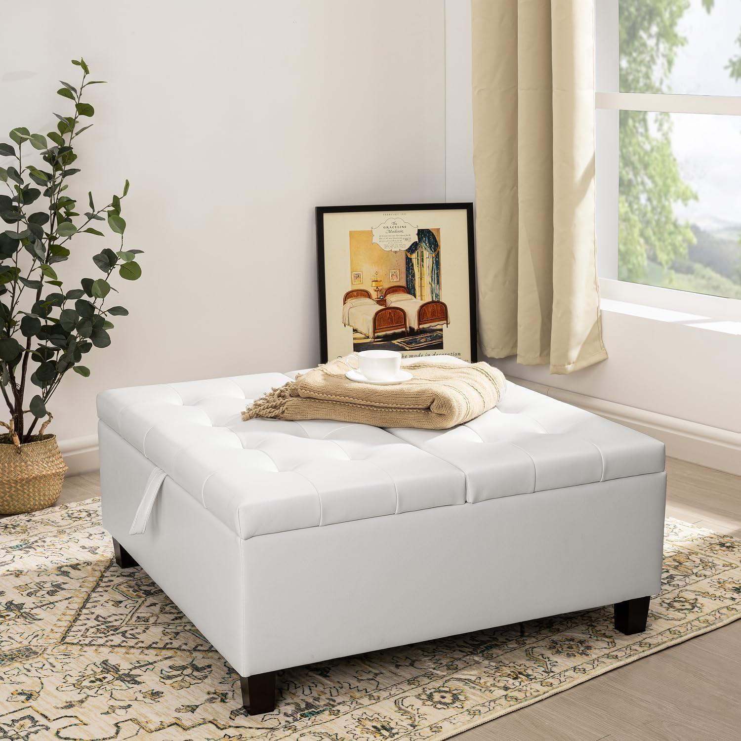 Ciara White Tufted Leather Lift-Top Storage Ottoman