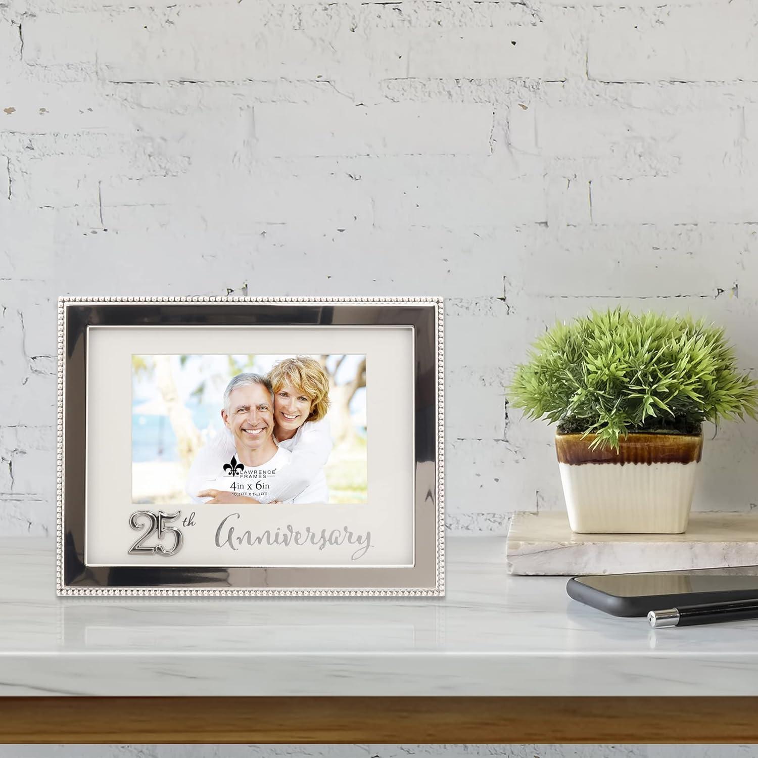 Silver Beaded Metal 25th Anniversary Picture Frame with Velvet Backing