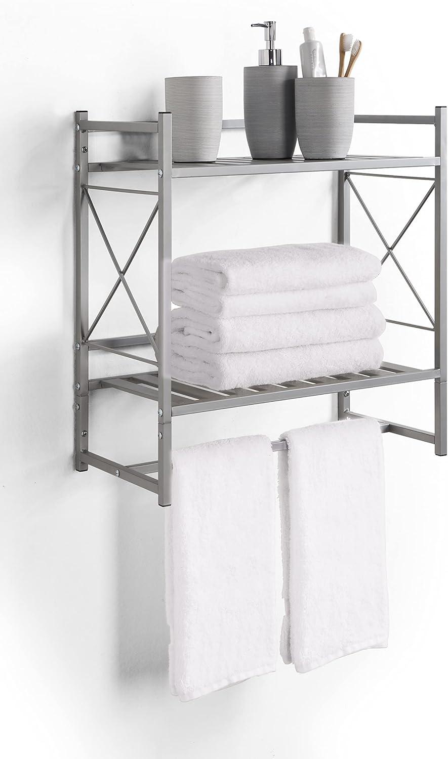 Silver Wall-Mounted 2-Tier Bathroom Shelf with Towel Bar