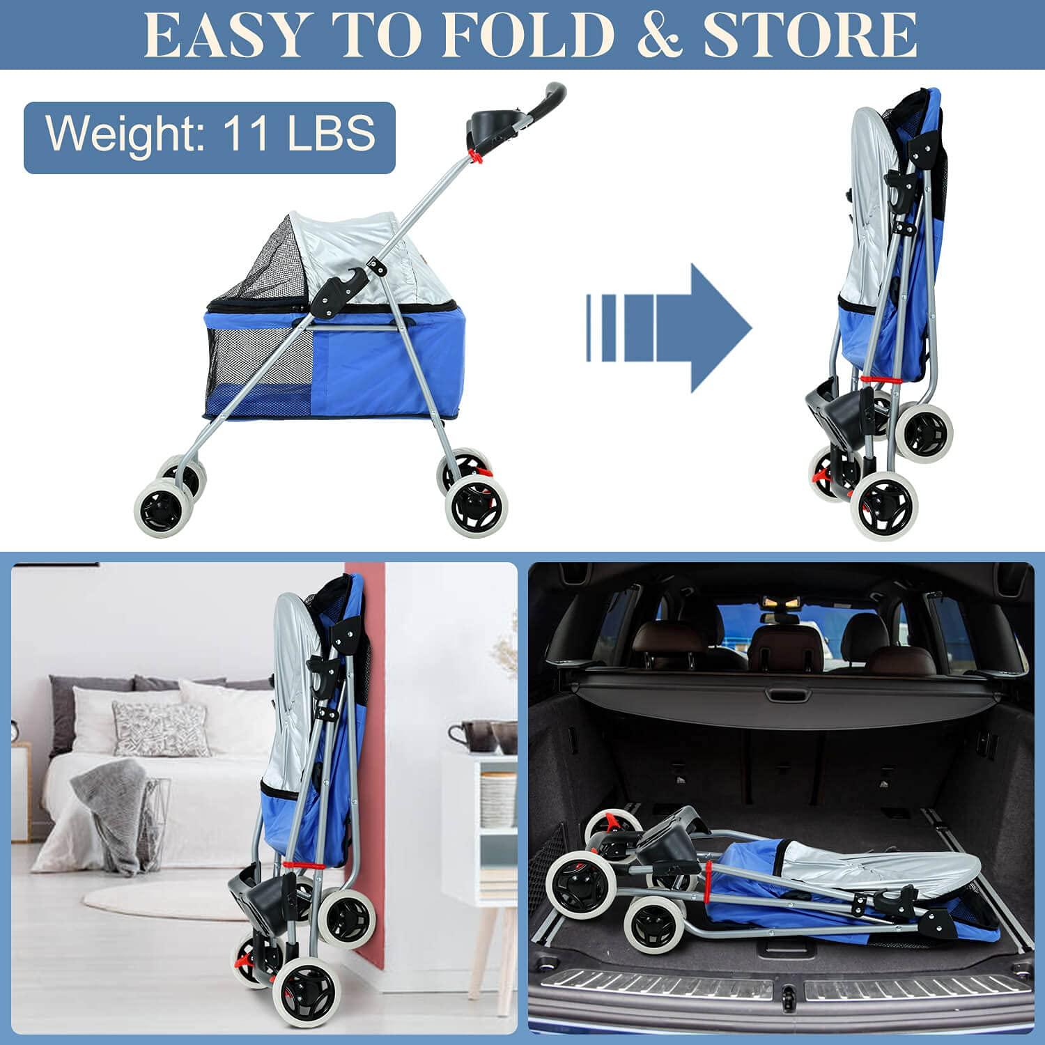 FDW 4 Wheels Pet Stroller Cat Dog Stroller Portable Folding Travel Carrier Strolling Cart Waterproof with Storage Basket,Mesh Windows, Yellow Plaid