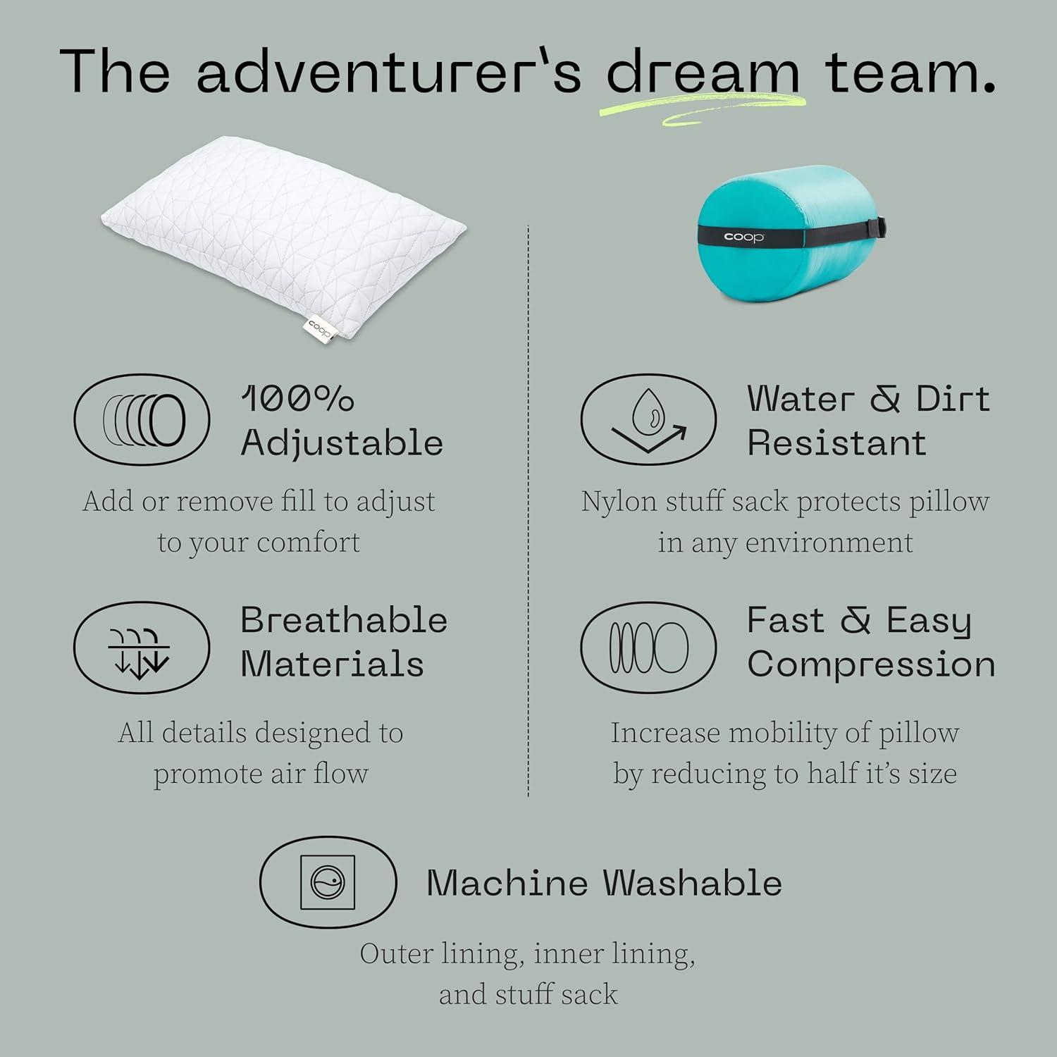 Coop Home Goods Adjustable Travel Pillow - 1 Camping Pillow and 1 Grey Pillowcase Bundle w/ Compressible Stuff Sack