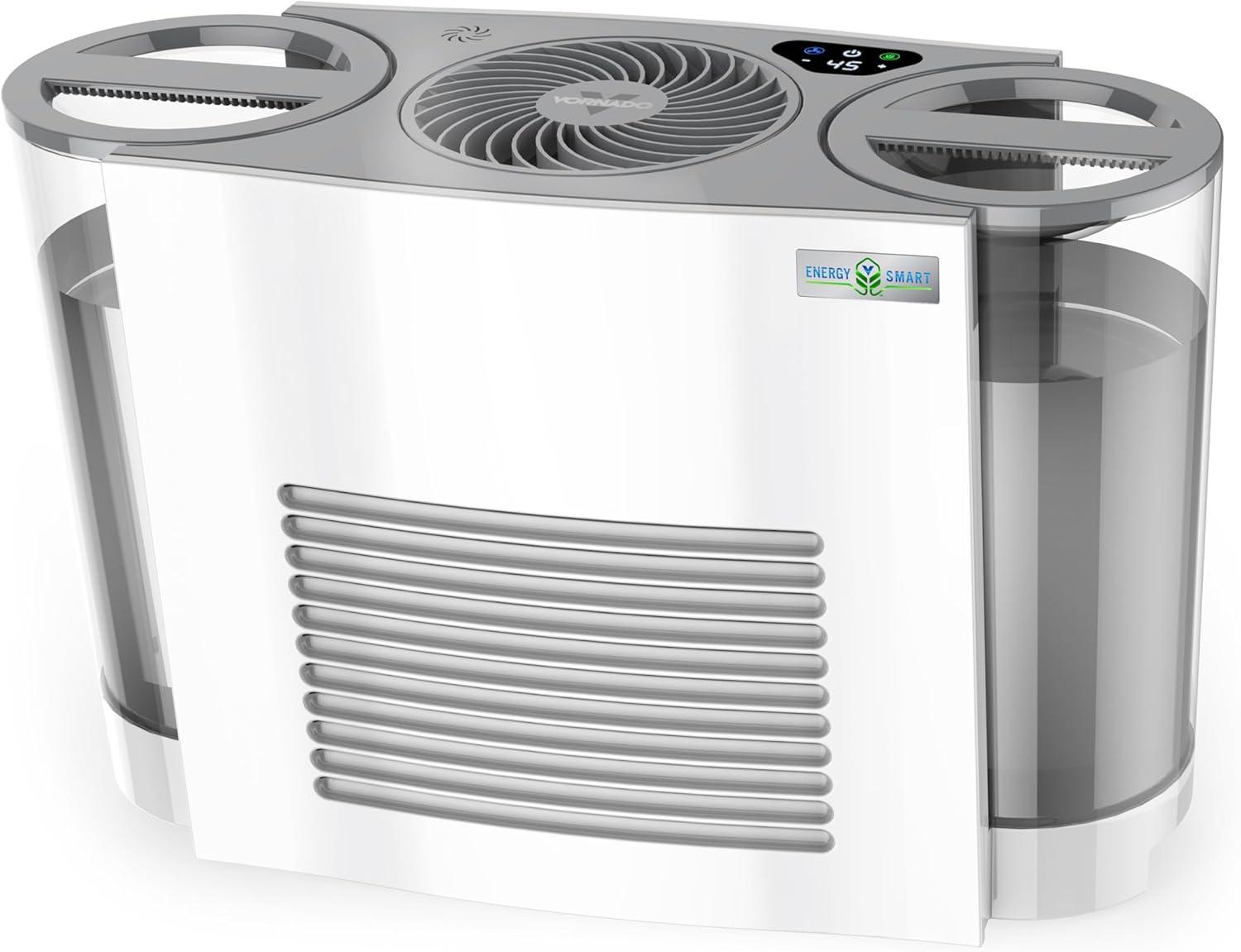 QUALITY FLOORING INC. Energy Smart Evaporative Humidifier With Automatic Shut-Off, 2 Gallon Capacity, LED Display, Simpletank For Easy Fill And Cleaning, Dual Tank, Electronic Humidistat, 4 Fan Speeds