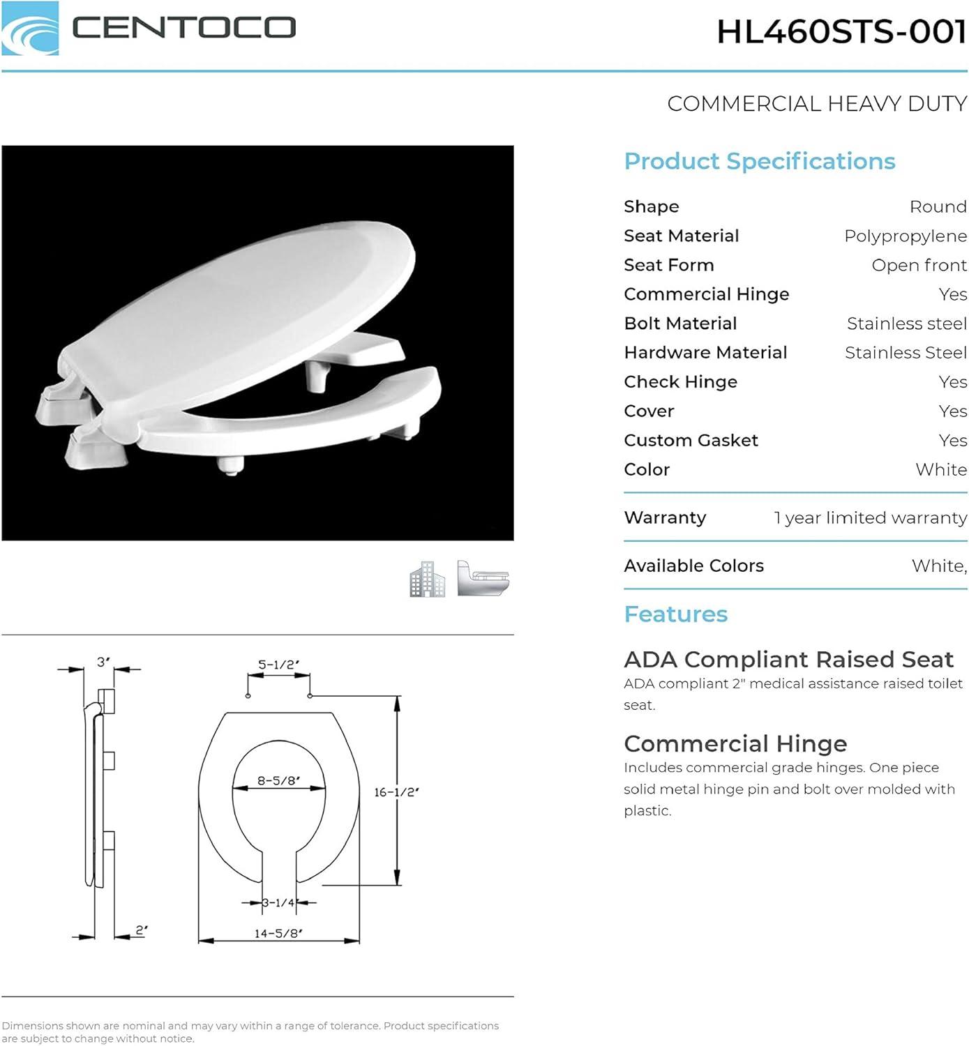 White Plastic 2-Inch Raised Round Toilet Seat with Metal Hinges