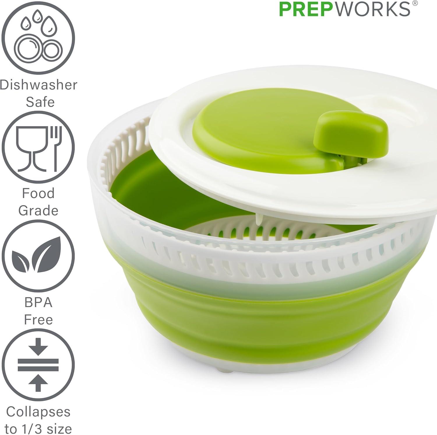 Prepworks Collapsible 3qt Salad Spinner: Dishwasher-Safe, Nonslip Base, Adjustable Handle, Green Lettuce Spinner