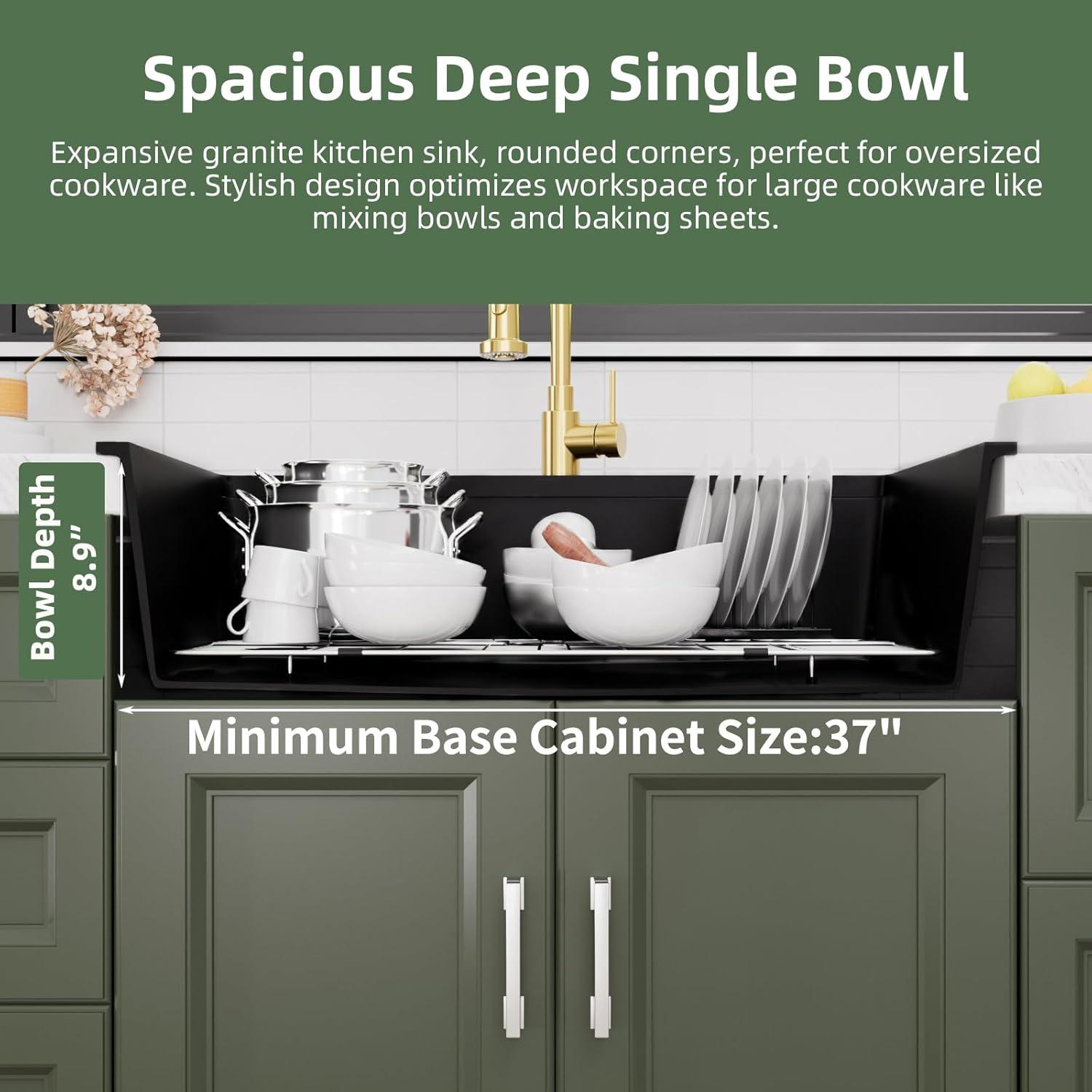 Davivy 33 Inch Black Granite Composite Kitchen Sink Workstation, 33 X 22 Quartz Composite Dual Mount Sink, Matte Black Composite Single Bowl Sink