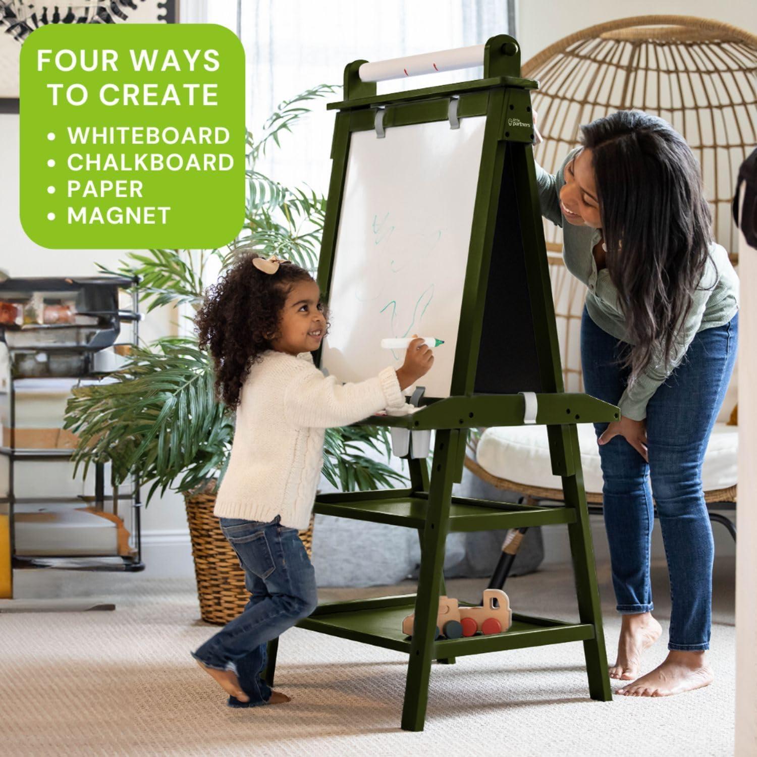 Olive Green Dual-Sided Magnetic Art Easel with Storage Bins