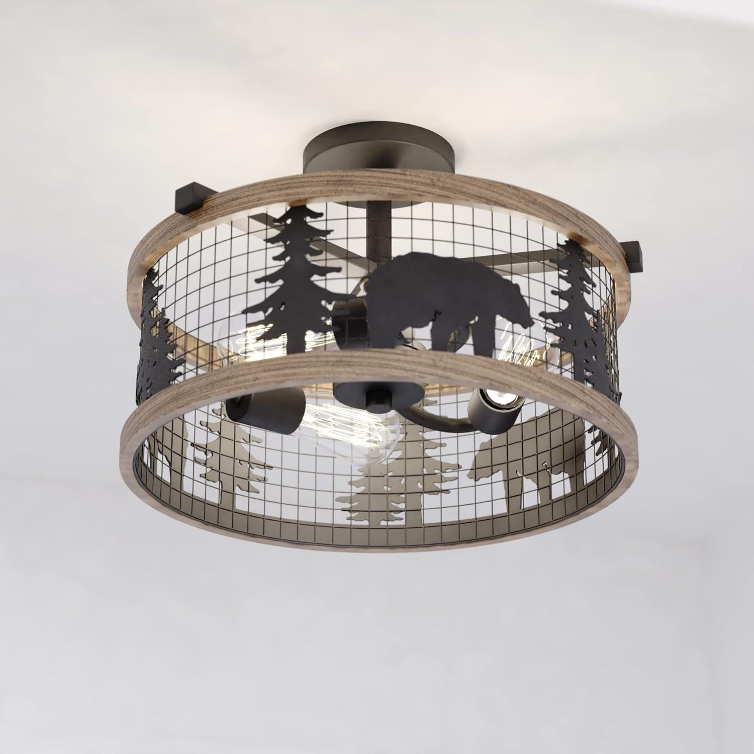 Kodiak Rustic Black and Teak 16" Drum Ceiling Light