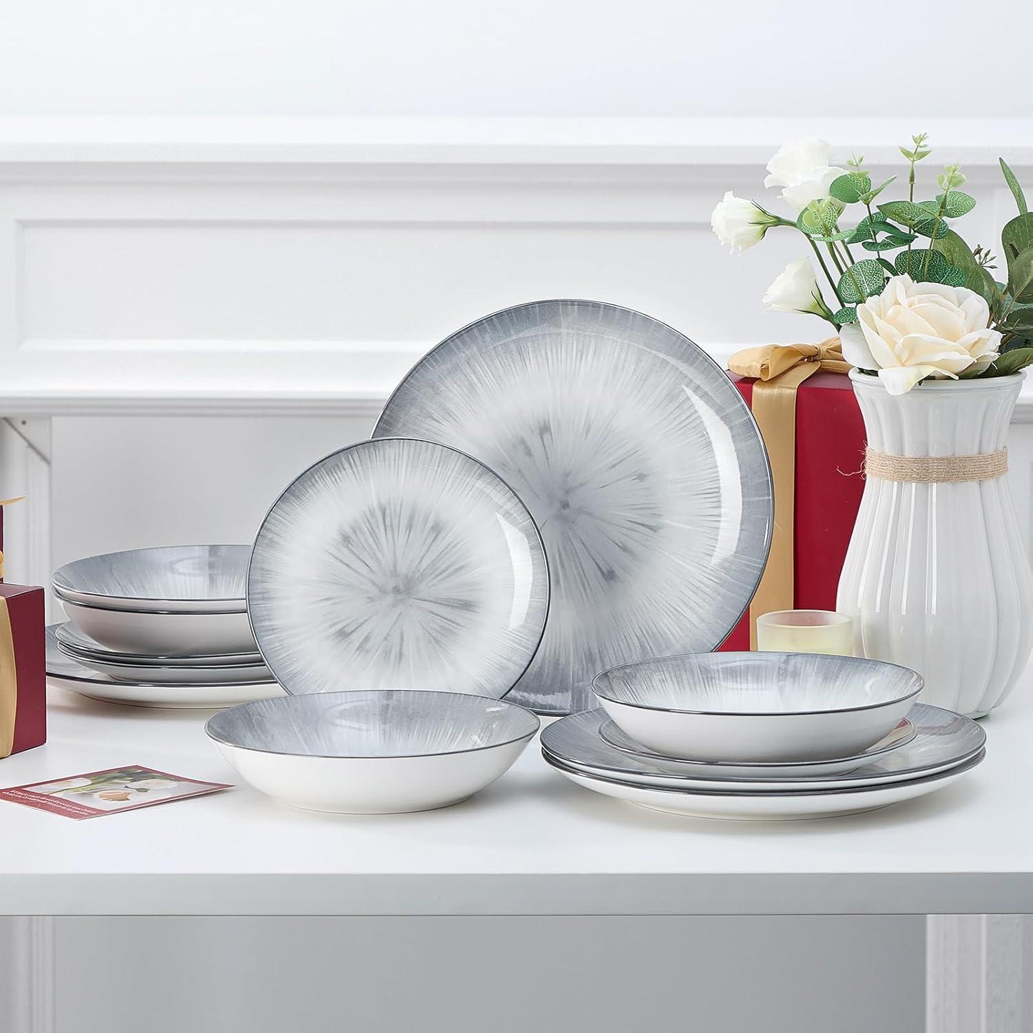 Starburst Gray 12-Piece Porcelain Dinnerware Set, Service for 4