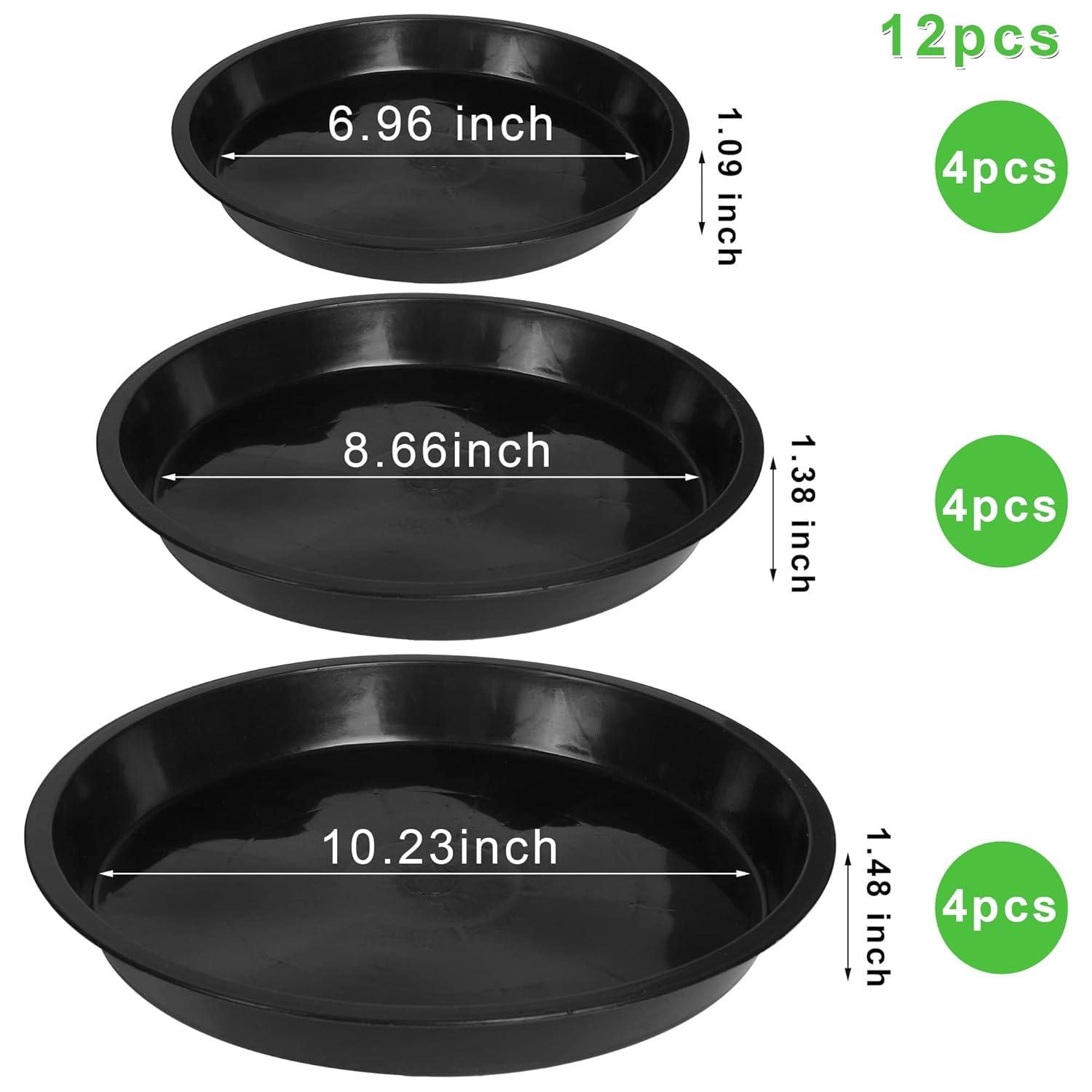Tripumer 12Pack Plant Saucers 6inch/8inch/10inch Black Plant Saucers Plastic Planter Trays Round Trays Heavy Duty Drip Trays Perfect for Indoor and Outdoor Plants