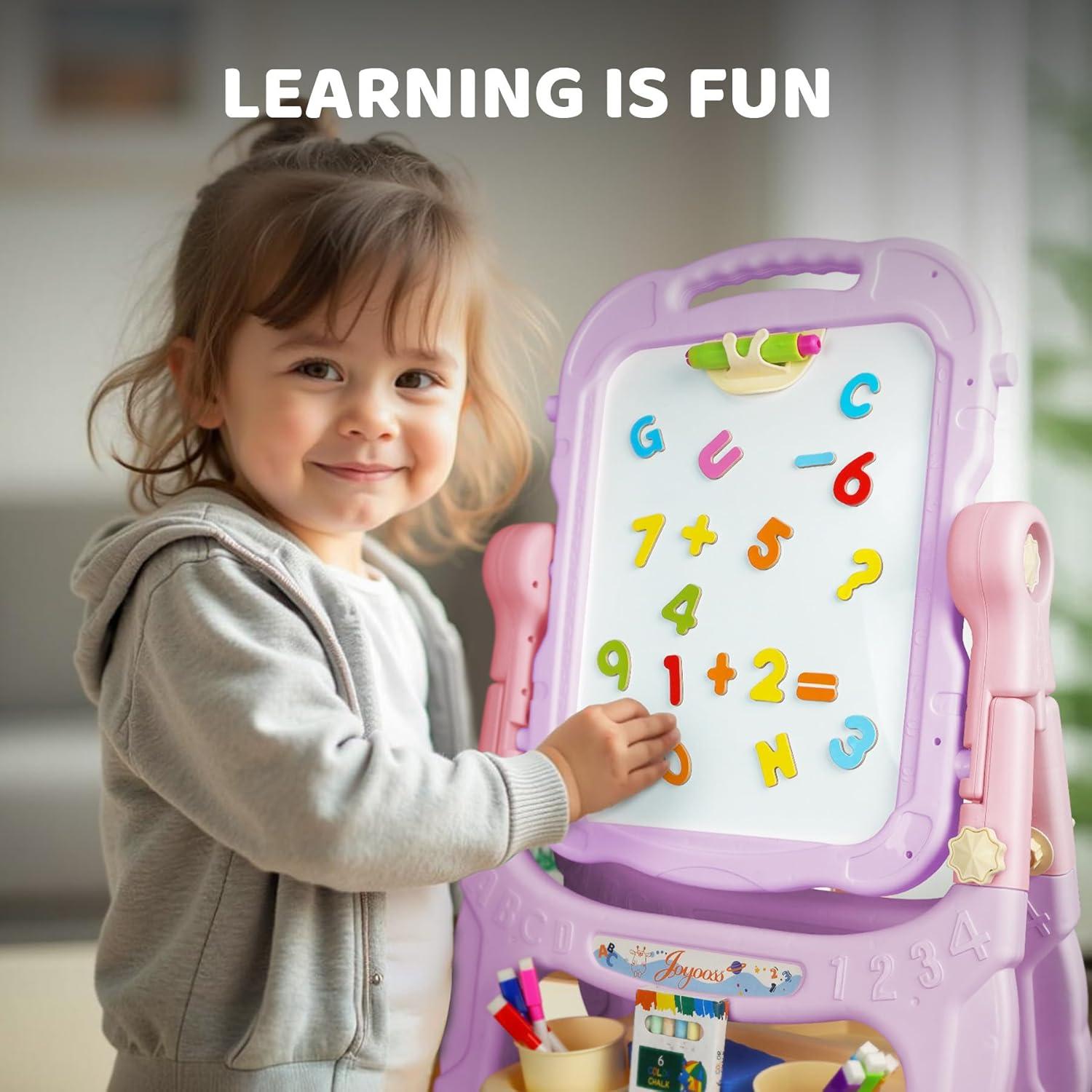 Easel for Kids, Adjustable Standing Art Easel for Toddler, Double Magnetic Drawing Board with Painting Accessories, Birthday Christmas Gift for Little Boys and Girls,  Pink