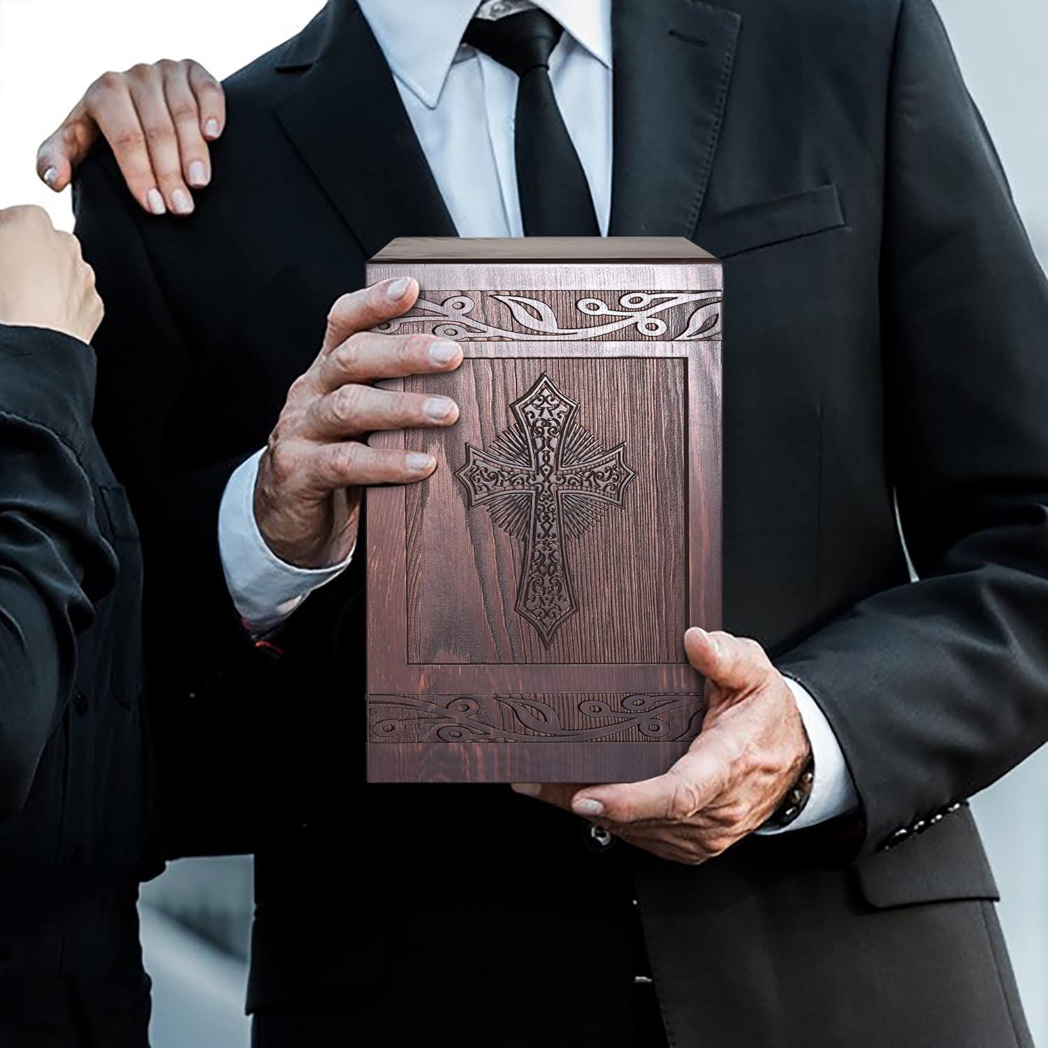 Cremation Urns for Human Ashes Adult Male Female, Wooden Carved Cross Urns Box and Casket for Ashes Men Women Child, Pets Cat Dog Urn, Burial Funeral Memorial Urns for Ashes, Holds 222 Cubic Inch
