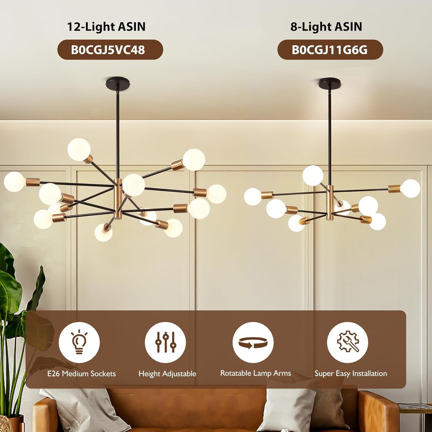 Modern Sputnik Chandelier Ceiling Light Fixture 12-Light E26 Industrial Chandeliers Black Gold Farmhouse Chandelier Height Adjustable Chandeliers for Dining Room, Living Room, Kitchen Island