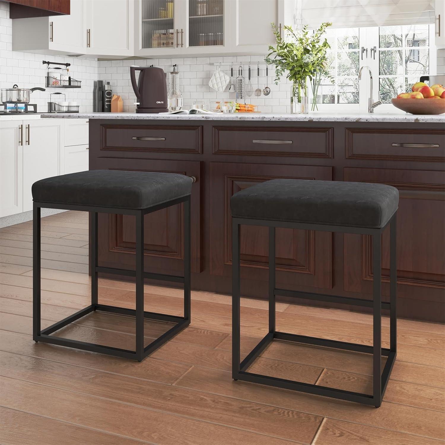 Lorelia 2PCS Black Backless Bar Stools PU Leather Stools Sturdy 330LBS Capacity Home