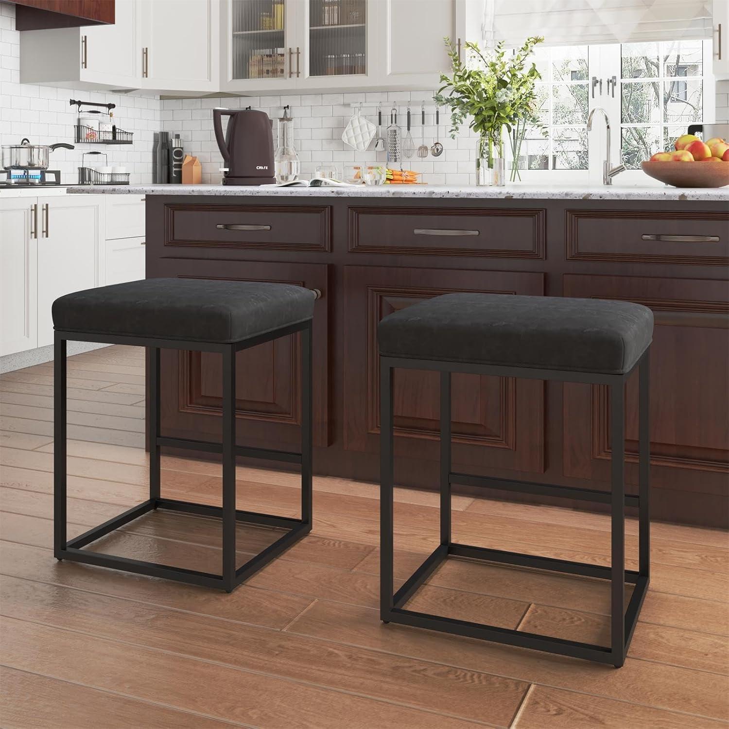 Lorelia Set of 2 Black 24 Inch Backless Counter Bar Stools Faux Leather Seat for Kitchen