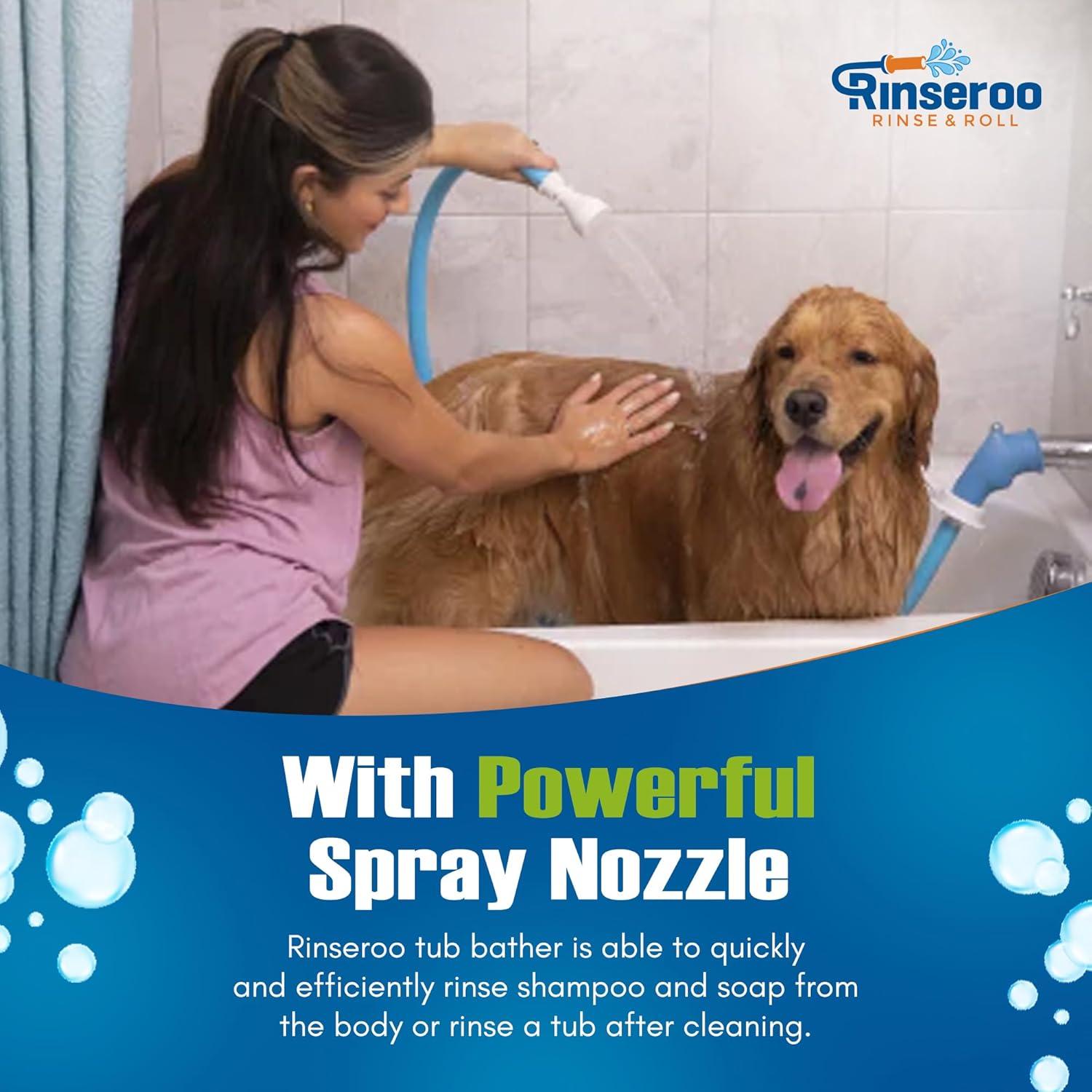 Rinseroo Slip-On Bathtub Faucet Sprayer Attachment. Ultra-Flex Dog Shower Hose Adapter Portable Hose Attachment with Sprayer Pet Showerhead Attach Tub Spout 5 Foot Hose. No Install for Speedy Washing