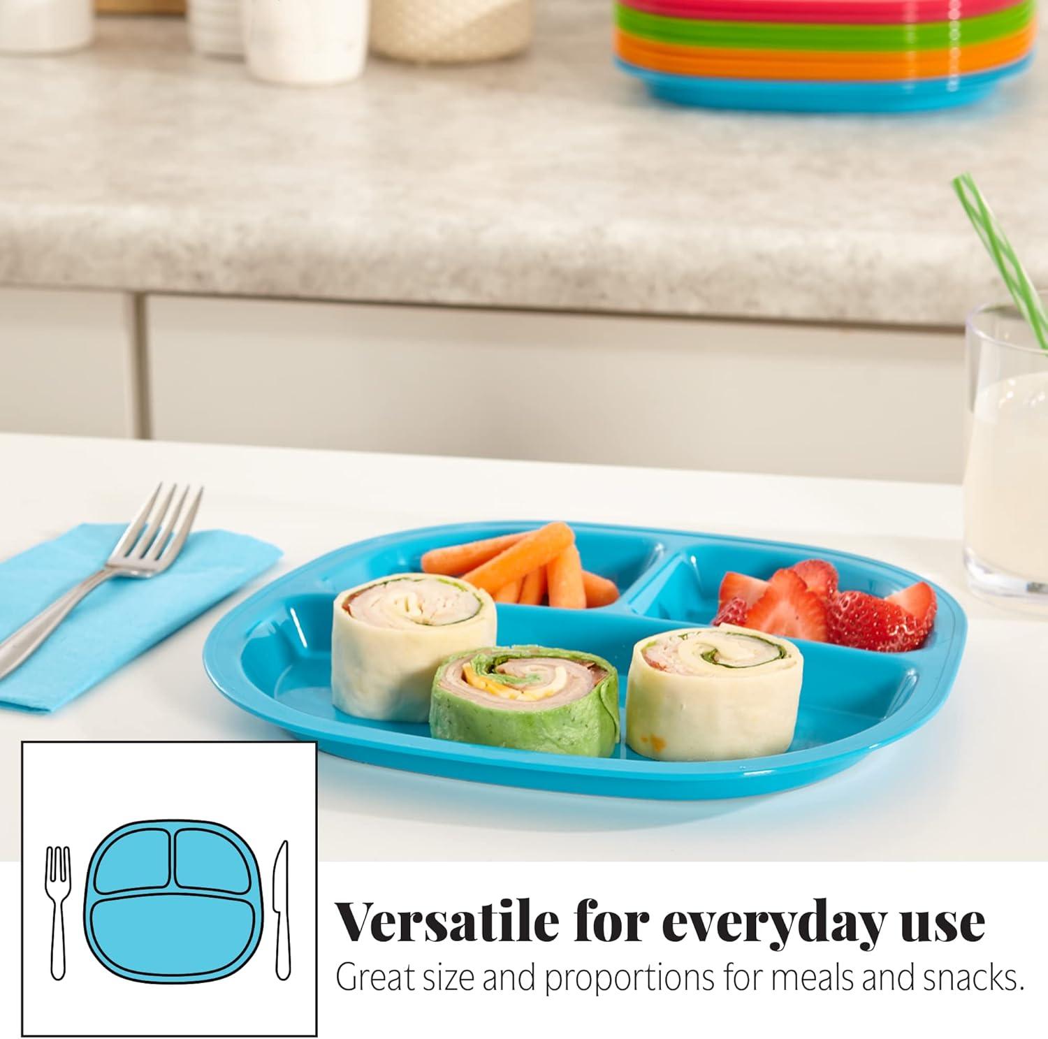 US Acrylic Harmony 3-compartment Divided Plastic Kids Tray in 4 Calypso Colors | set of 12 Reusable, BPA-free Plates, Made in the USA, Microwave & Dishwasher Safe Dinnerware