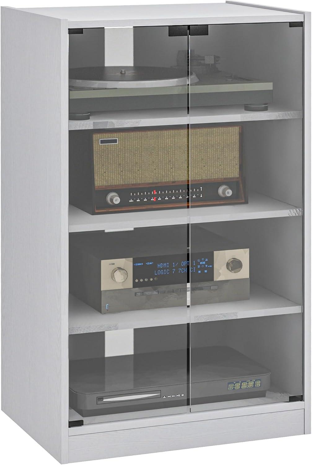 HOMCOM Media Cabinet, 4-Tier Stereo Cabinet, Record Player Stand with Vinyl Record Storage, Adjustable Shelves, Tempered Glass Doors and Cable Management, Distressed White