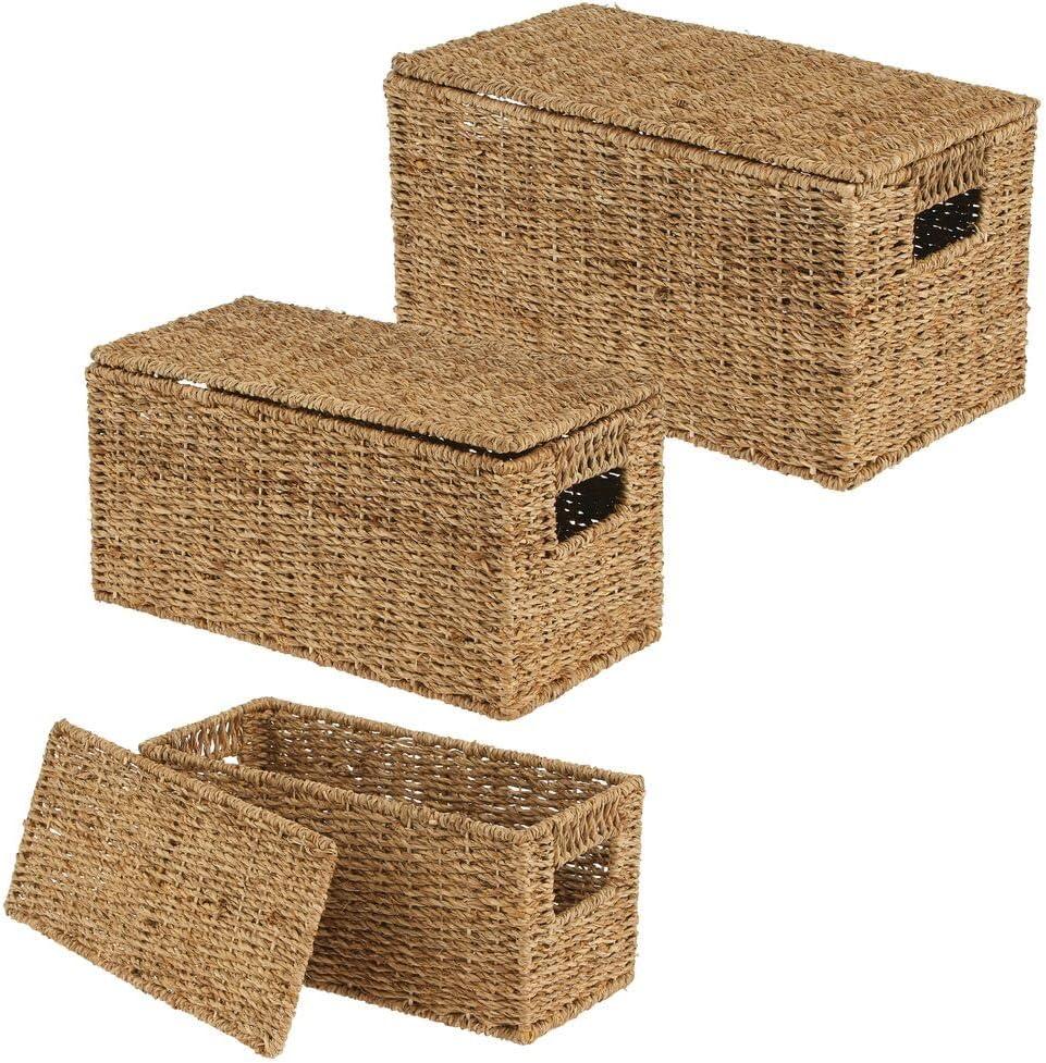 mDesign Woven Seagrass Home Storage Basket with Lid, Set of 3