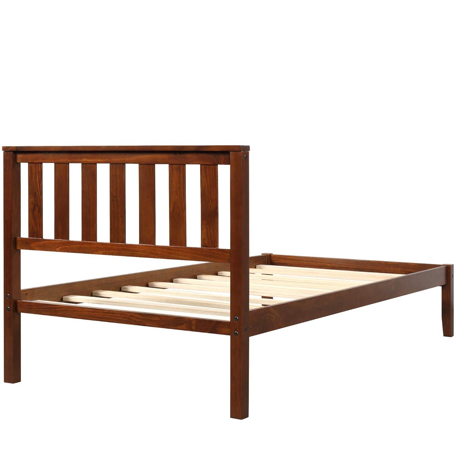 Knubmt Twin Size Bed Frame Wood Platform Bed with Headboard/Wood Slat Support, Perfect for Home, Bedroom, Brown