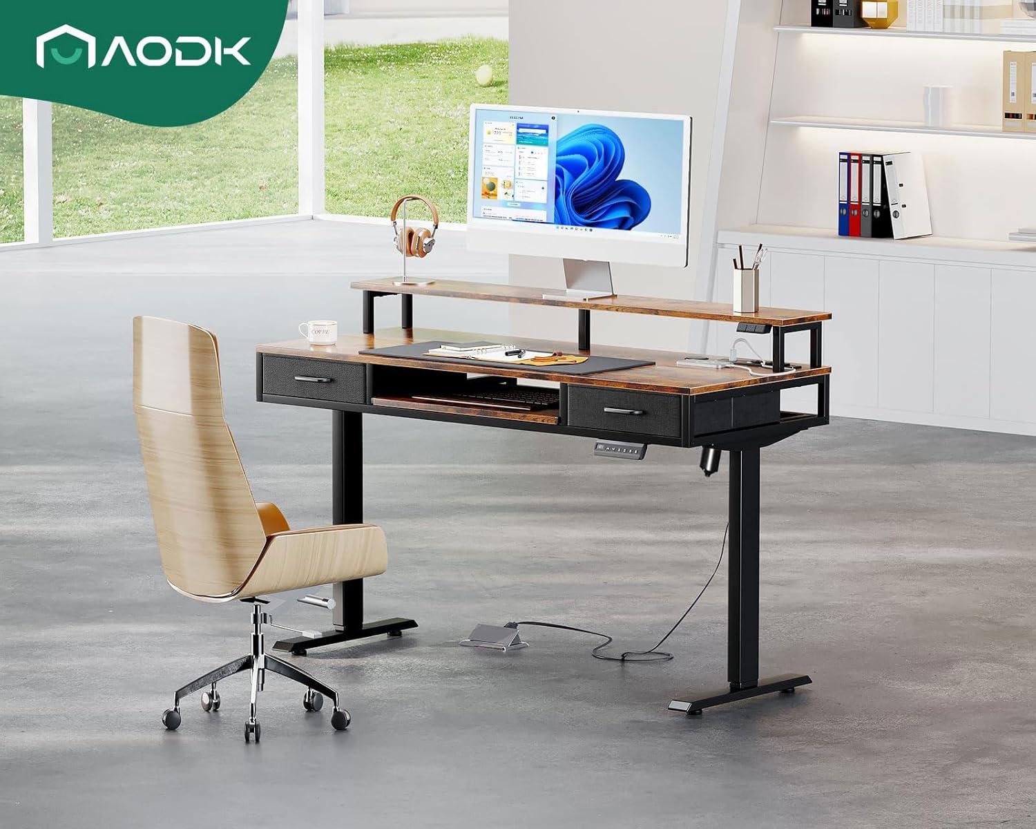 AODK Electric Standing Desk with Drawers & Keyboard Tray, 47 Inch Height Adjustable Small Gaming Desk with Power Outlets & LED Lights, Sit Stand Table with Monitor Stand for Home, Office, Rustic Brown