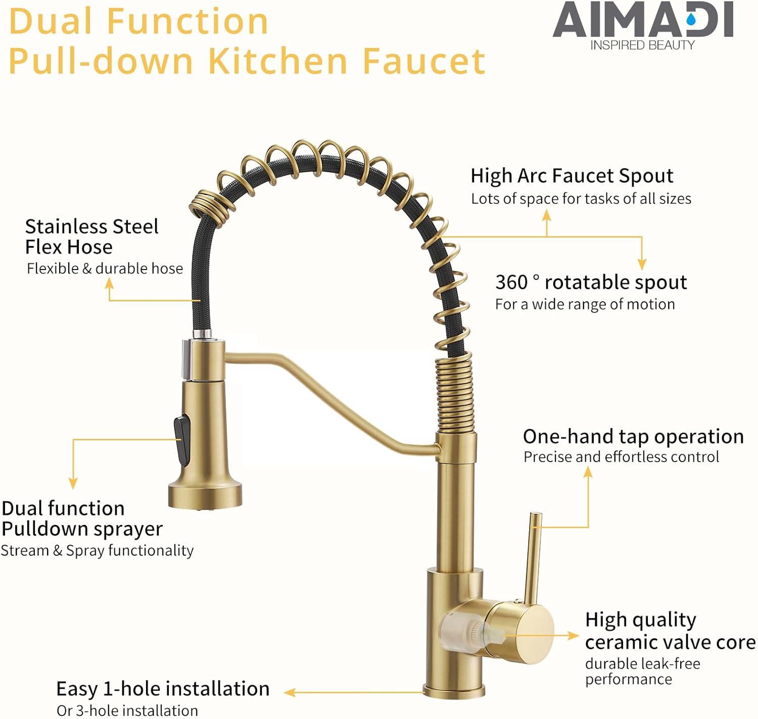 Brushed Gold Brass Kitchen Faucet with Pull-Out Spray