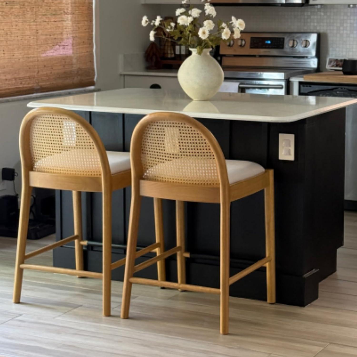 Bayou Breeze Emington Modern Stools with Rattan Backrests and Wood Frame (Set of 2)