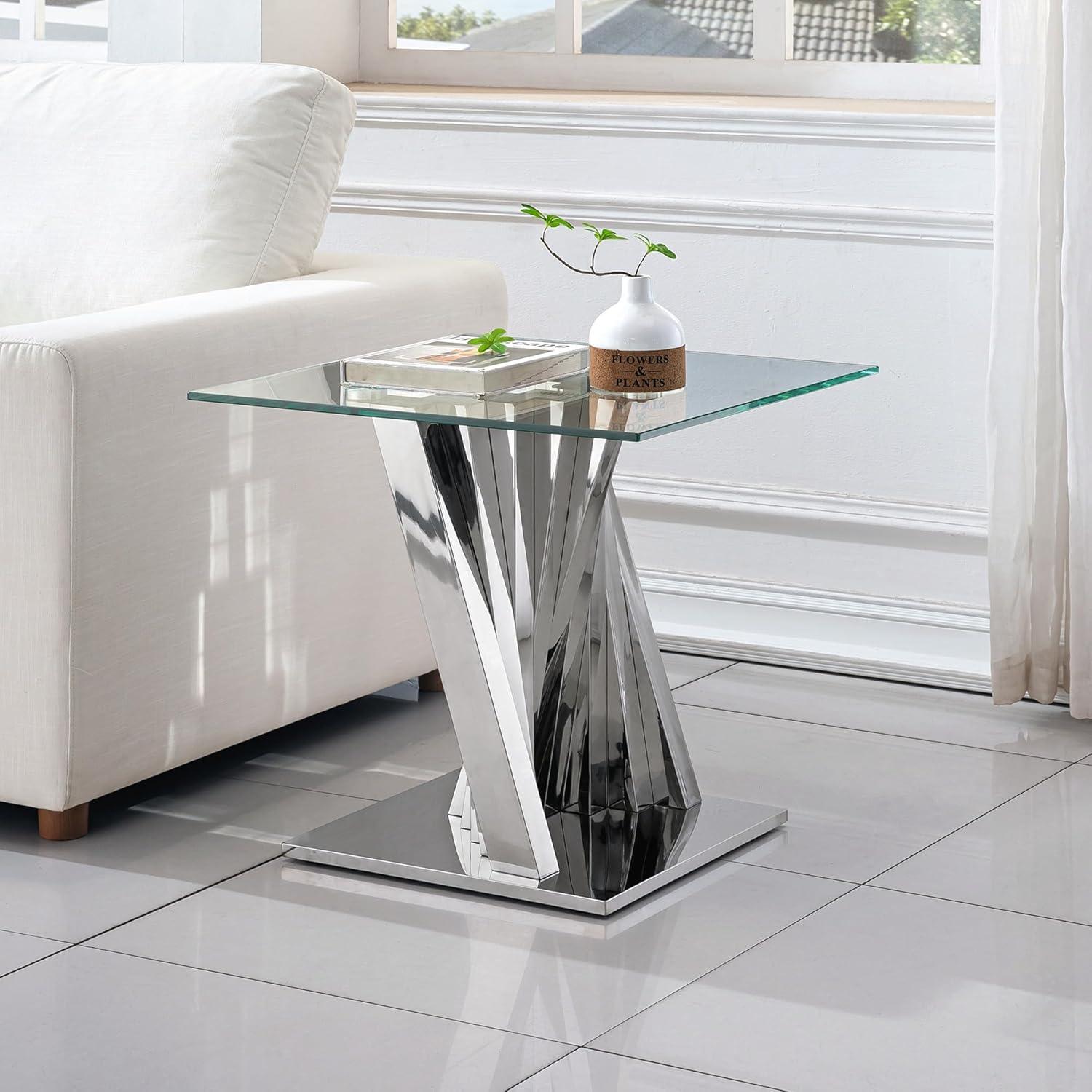 Silver Mirrored Stainless Steel and Glass End Table