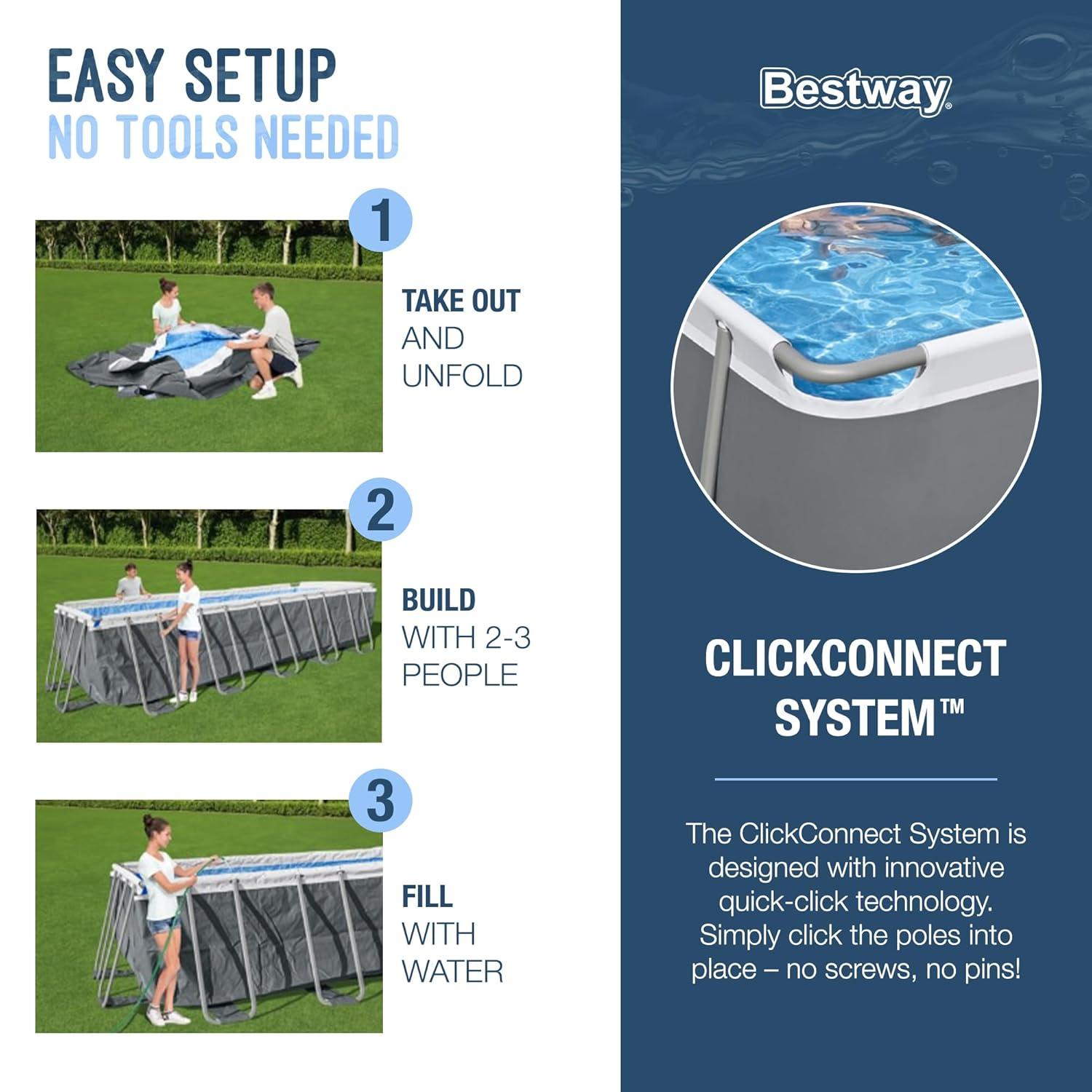 Bestway Power Steel 18' x 9' x 48" Rectangular Metal Frame Above Ground Swimming Pool Set with 1,500 GPH Filter Pump, Ladder, and Pool Cover