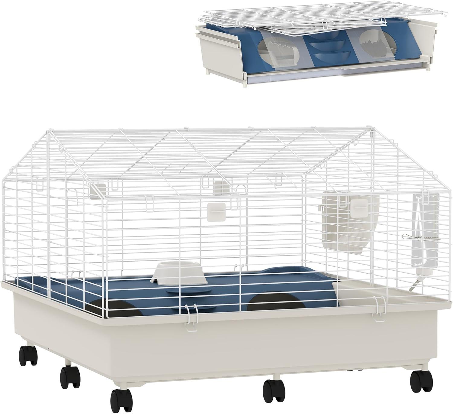 PawHut Small Animal Cage, Rolling Guinea Pig Cage with Water Bottle, Hay Feeder, Food Dish, Ramp, for Rabbits, Hedgehogs, 35" x 35" x 25", White
