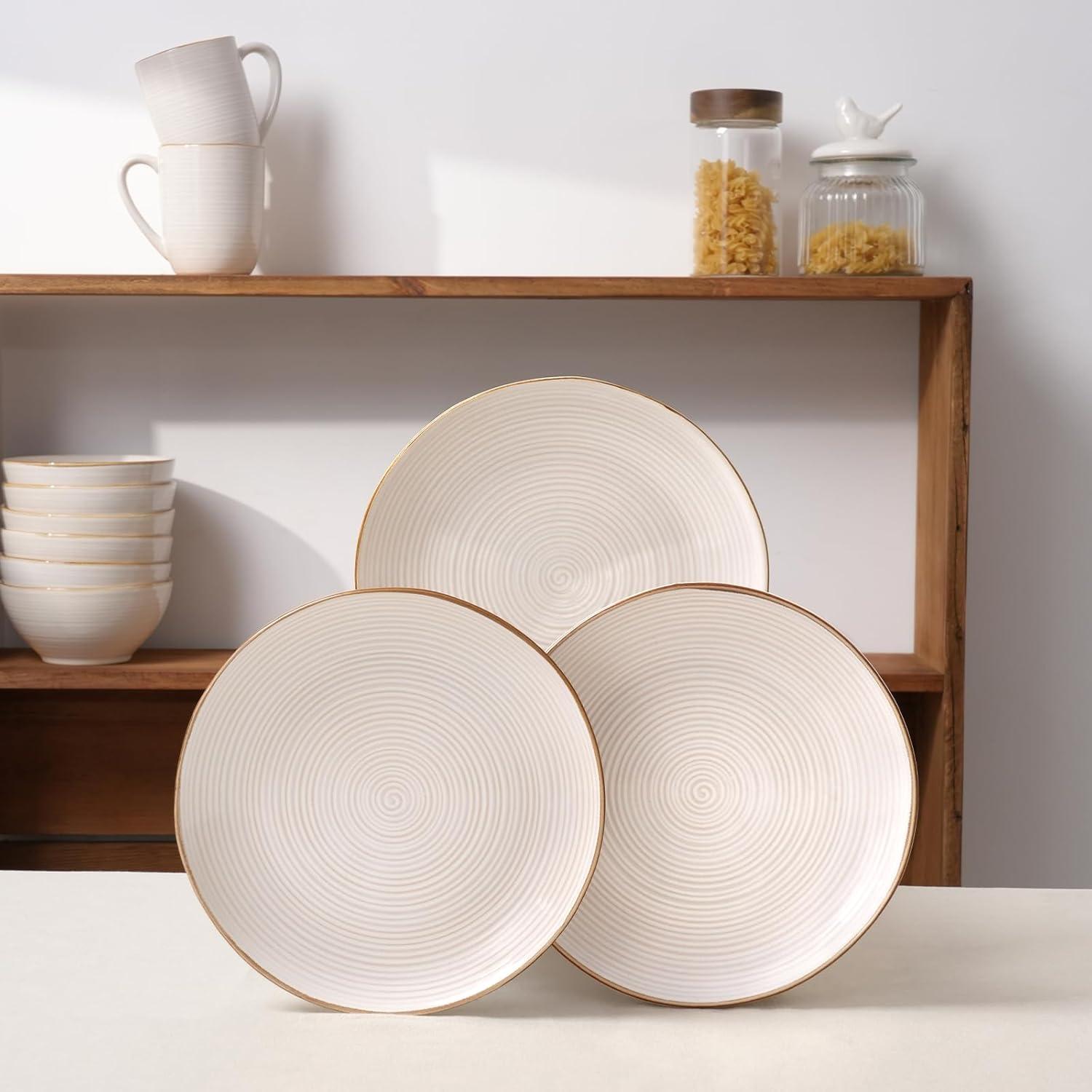 Plates and Bowls Sets for 4, 12 Pieces Stoneware Dinnerware Sets, Dishes Set, Reactive Glaze Dishware Sets, Dishwasher & Microwave Safe, Tempus Series - Antique White