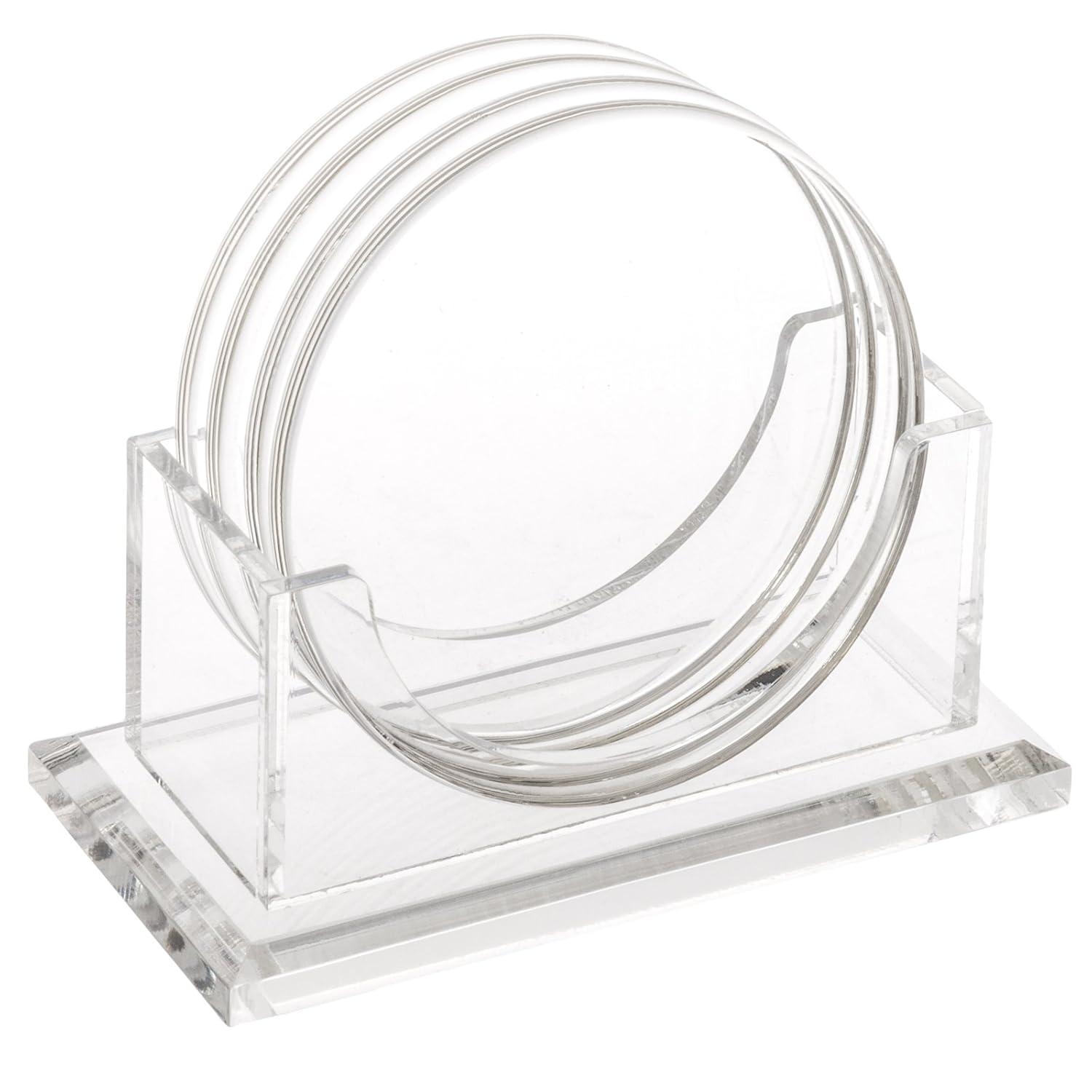 Juvale Set of 4 Clear Blank Acrylic Drink Coasters with Stand Holder, Round 4 inch