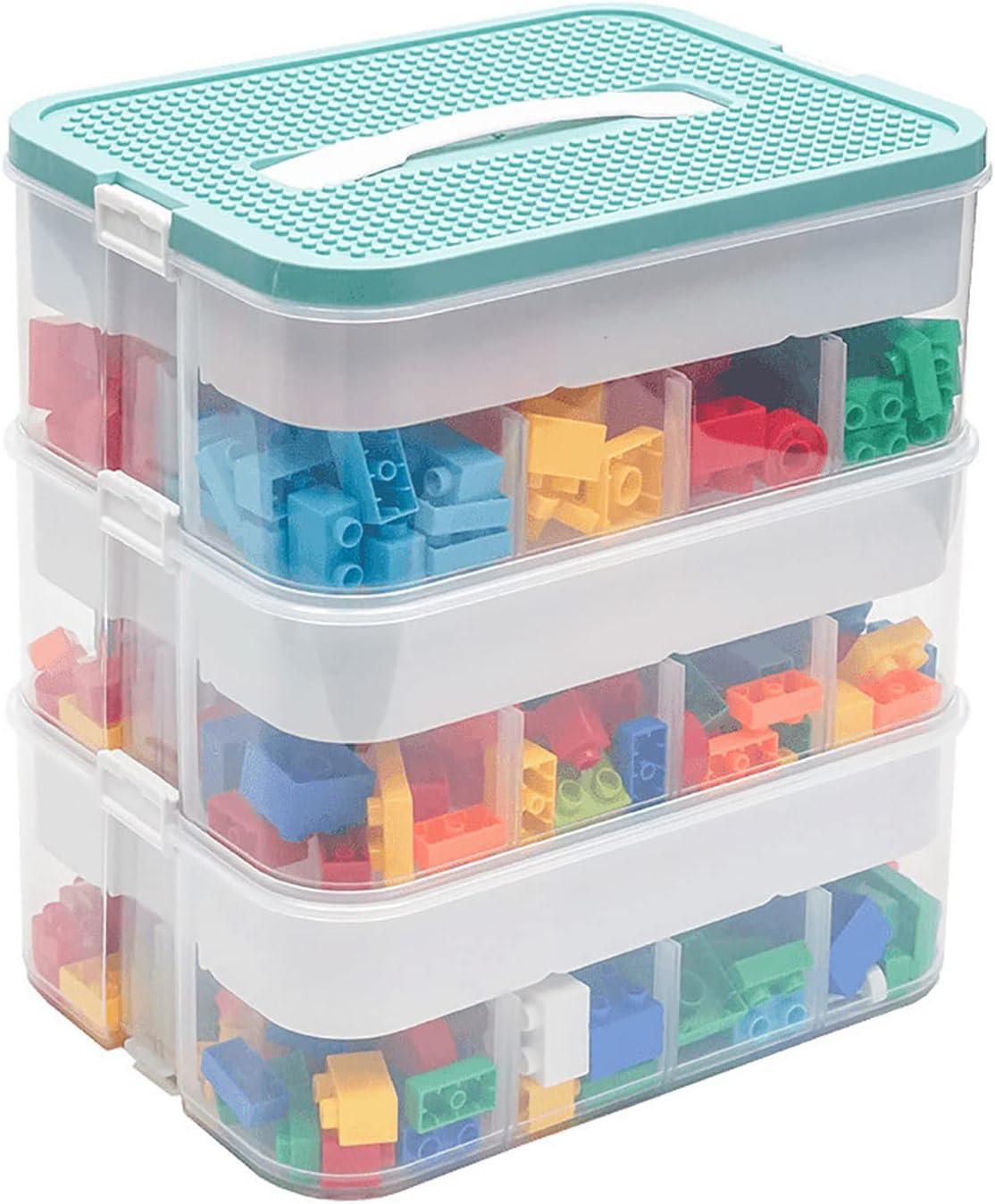 Plastic Storage Organizer for Lego Box Kids Child Toy Stackable Containers with Lids Bins 3 Layers Adjustable Compartments Building Blocks Chest Case