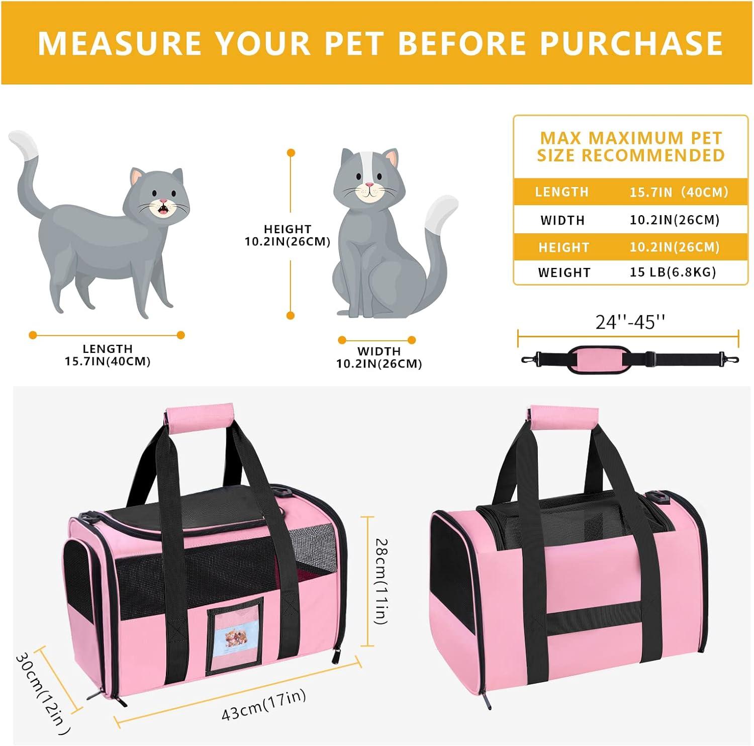 Cat Carrier Pet Carriers Airline Approved for Small Dogs Kitten Carriers for Small Medium Cats Under 15lb, Collapsible Soft Sided TSA Approved Travel Carrier, Pink