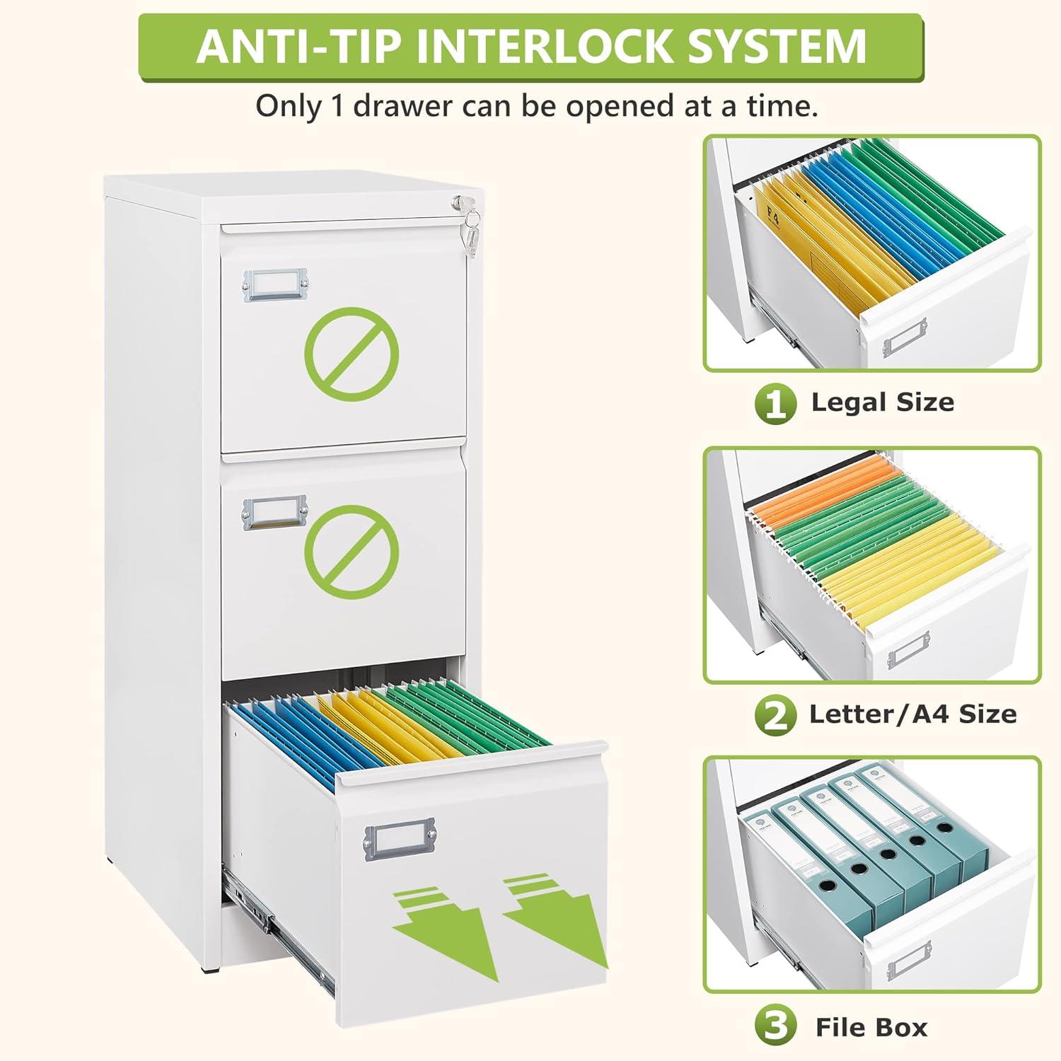 3 Drawers Vertical File Cabinets - 17.8" Deep Lockable Filing Cabinet - White Metal Storage Cabinets for Home Office to Hanging Files Letter/Legal/F4/A4 Size